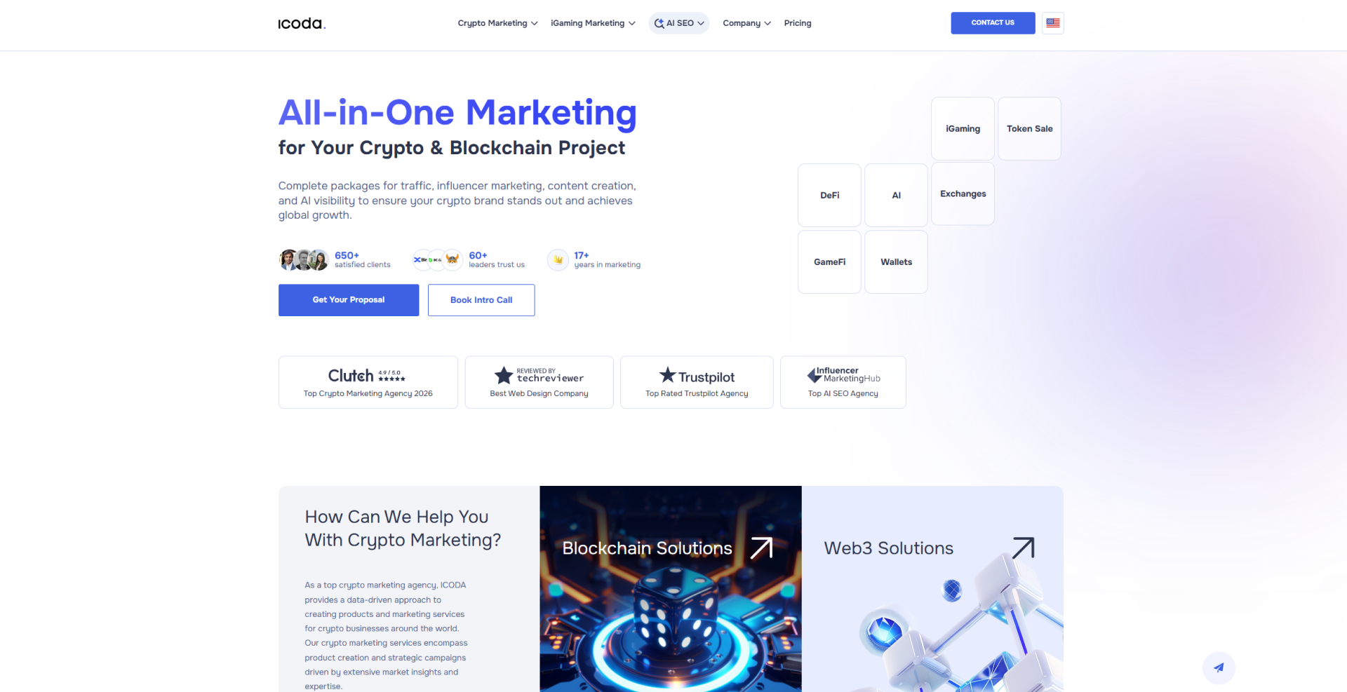 ICODA all-in-one crypto and blockchain marketing agency homepage
