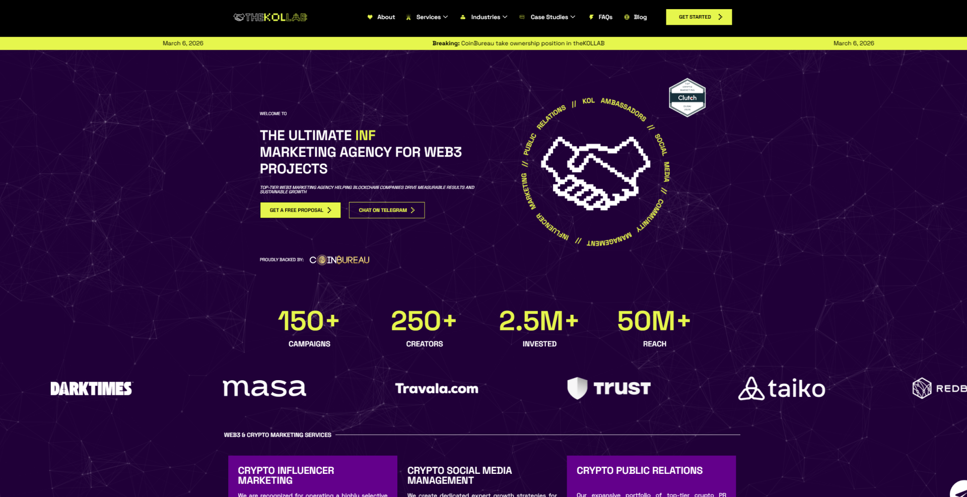 theKOLLAB Web3 influencer marketing agency homepage backed by CoinBureau