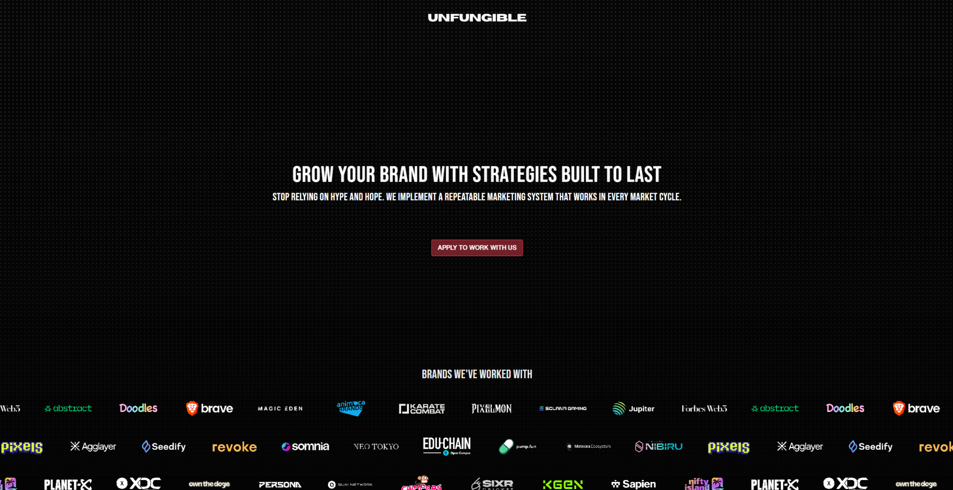 Unfungible crypto marketing agency homepage