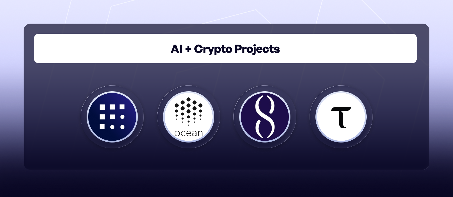 AI crypto projects logos including Fetch.ai, Ocean Protocol, SingularityNET, and Bittensor