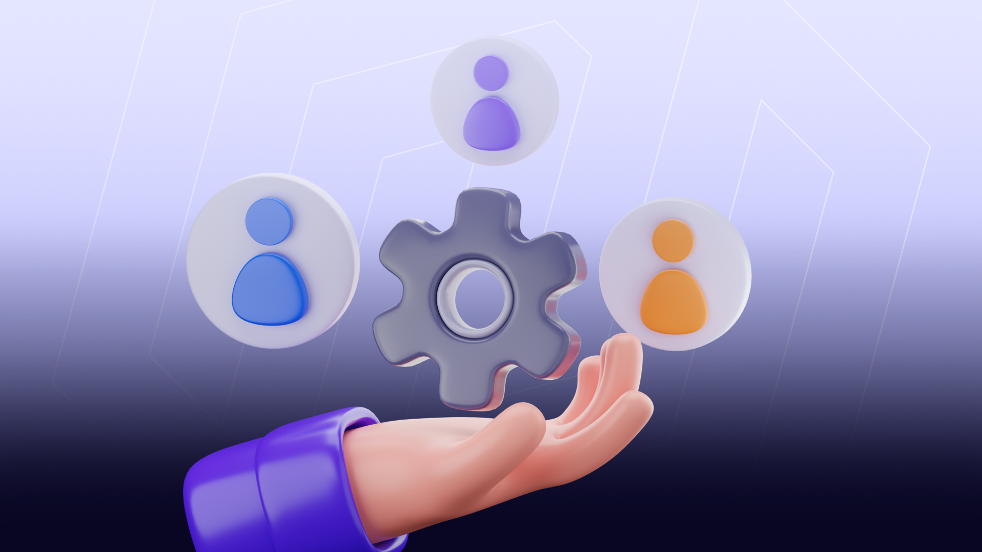 A 3D-rendered hand holding a floating gear surrounded by three circular user profile icons in blue, purple, and orange, set against a dark-to-light purple gradient background with abstract hexagonal network lines — illustrating community coordination and governance in Web3.