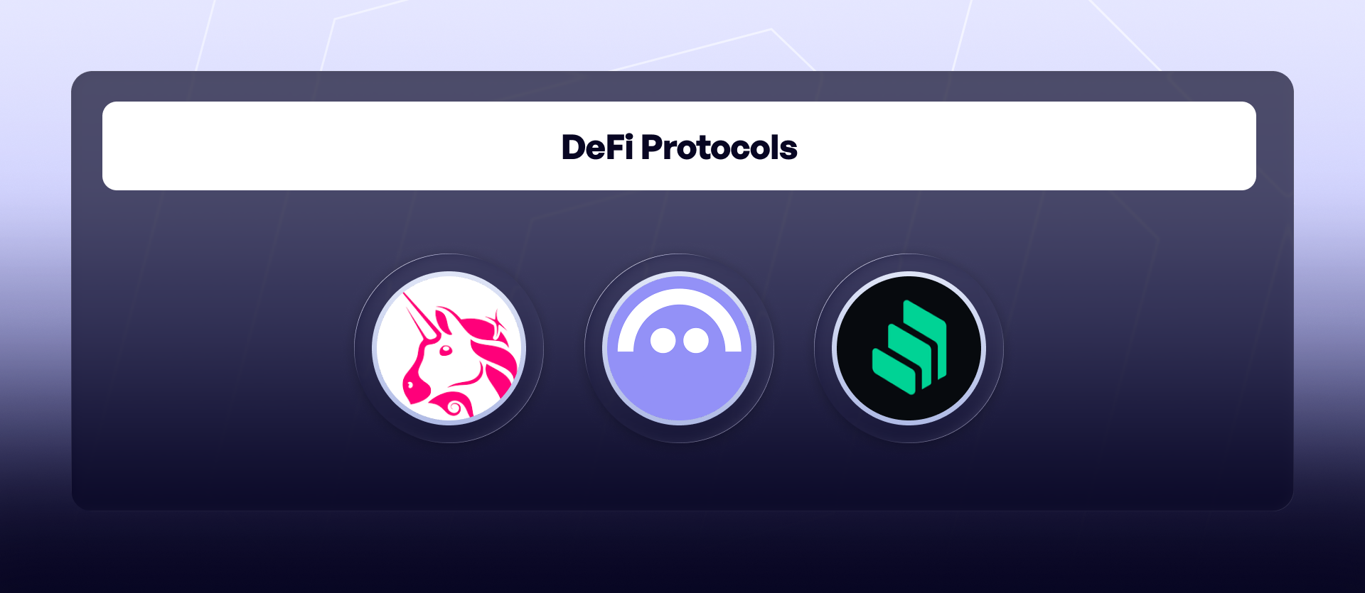 DeFi protocol logos including Uniswap, Aave, and Compound