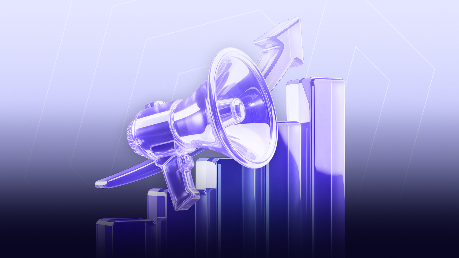 Glossy 3D purple megaphone overlaid on a rising bar chart with an upward arrow, representing how developing a consistent brand tone of voice amplifies reach and growth in crypto and Web3 marketing