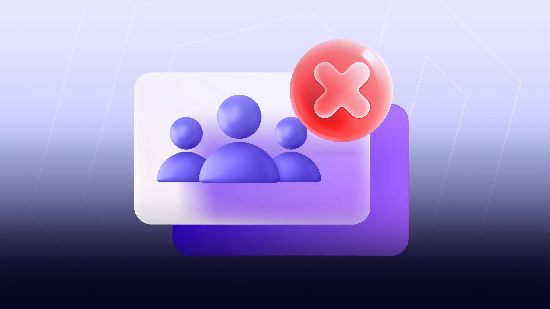 Glossy 3D purple audience group icon overlaid with a red error X badge on a frosted glass card, representing the common Web3 and crypto marketing mistake of launching campaigns without a clearly defined target audience