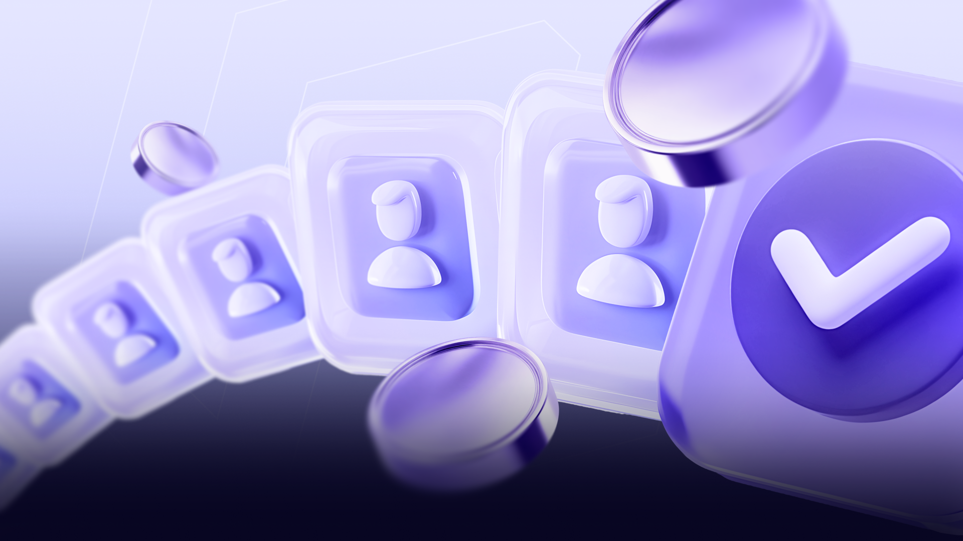 Row of glossy 3D purple user profile icons with floating coins and a purple verification checkmark badge, representing the process of vetting and selecting the right crypto KOLs and Web3 key opinion leaders for influencer marketing campaigns