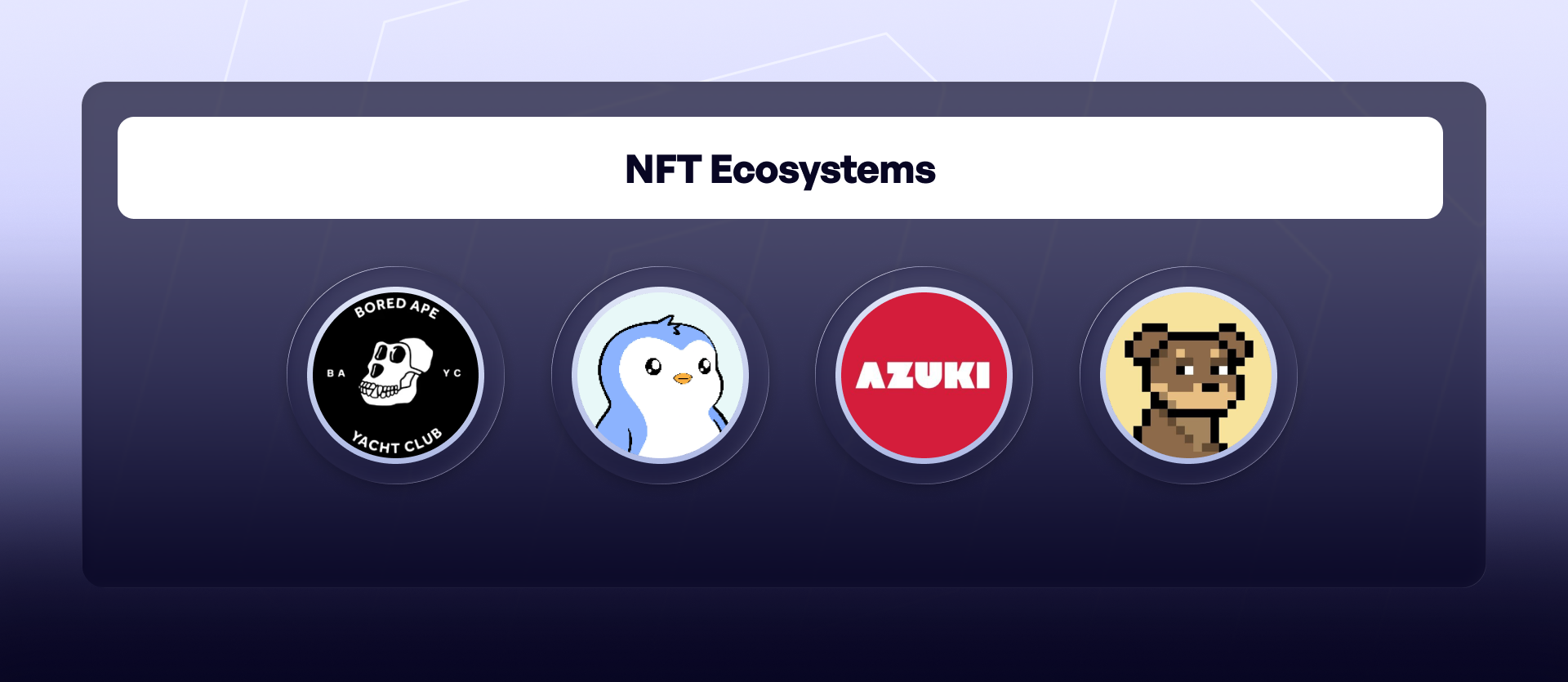 NFT ecosystem logos including Bored Ape Yacht Club, Pudgy Penguins, Azuki, and Doginal Dogs