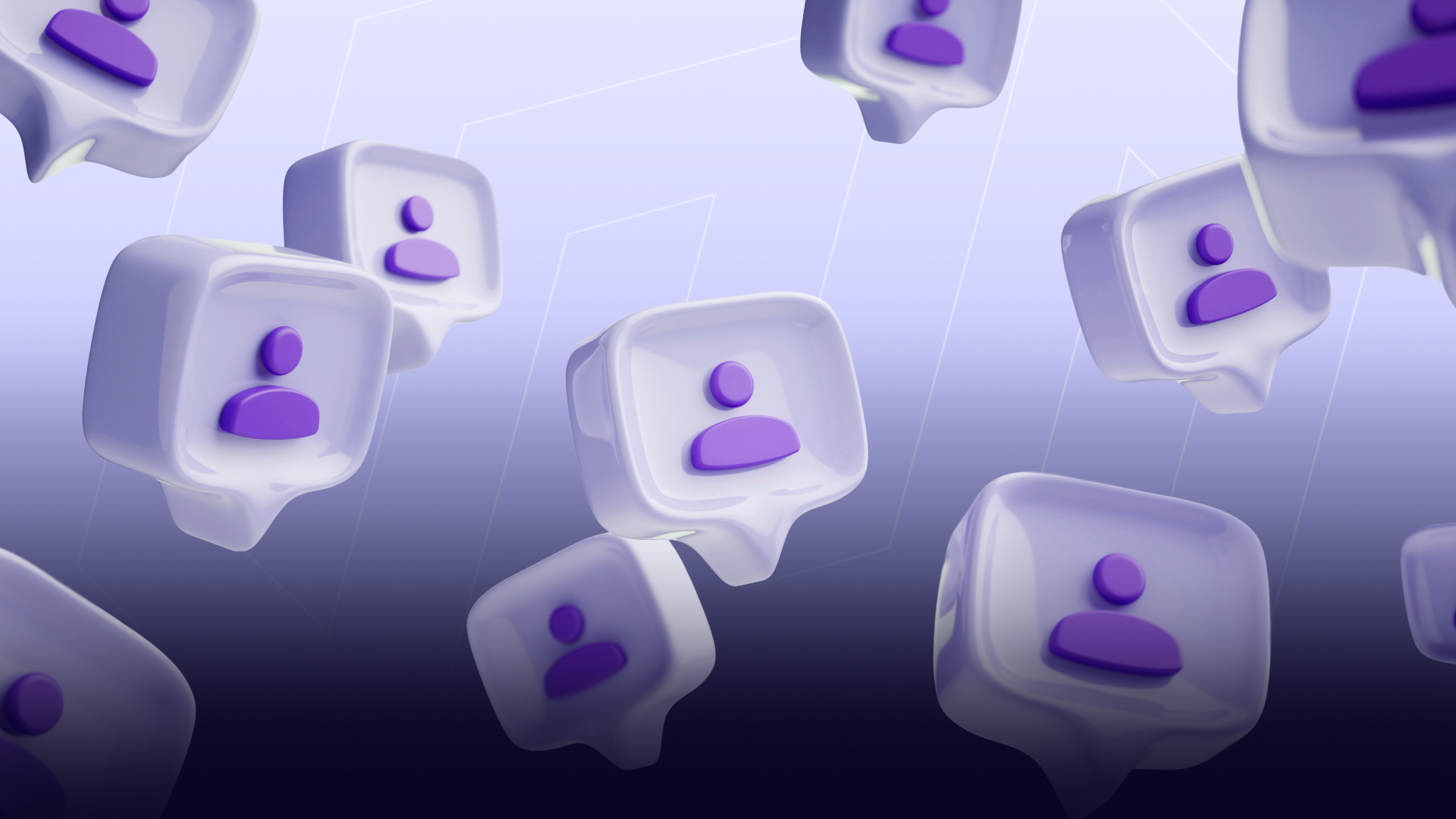 Multiple 3D-rendered floating chat bubble icons each containing a purple user profile symbol, scattered across a purple-to-dark gradient background with subtle hexagonal network lines — representing sustained, ongoing community engagement and long-term member interaction in Web3.