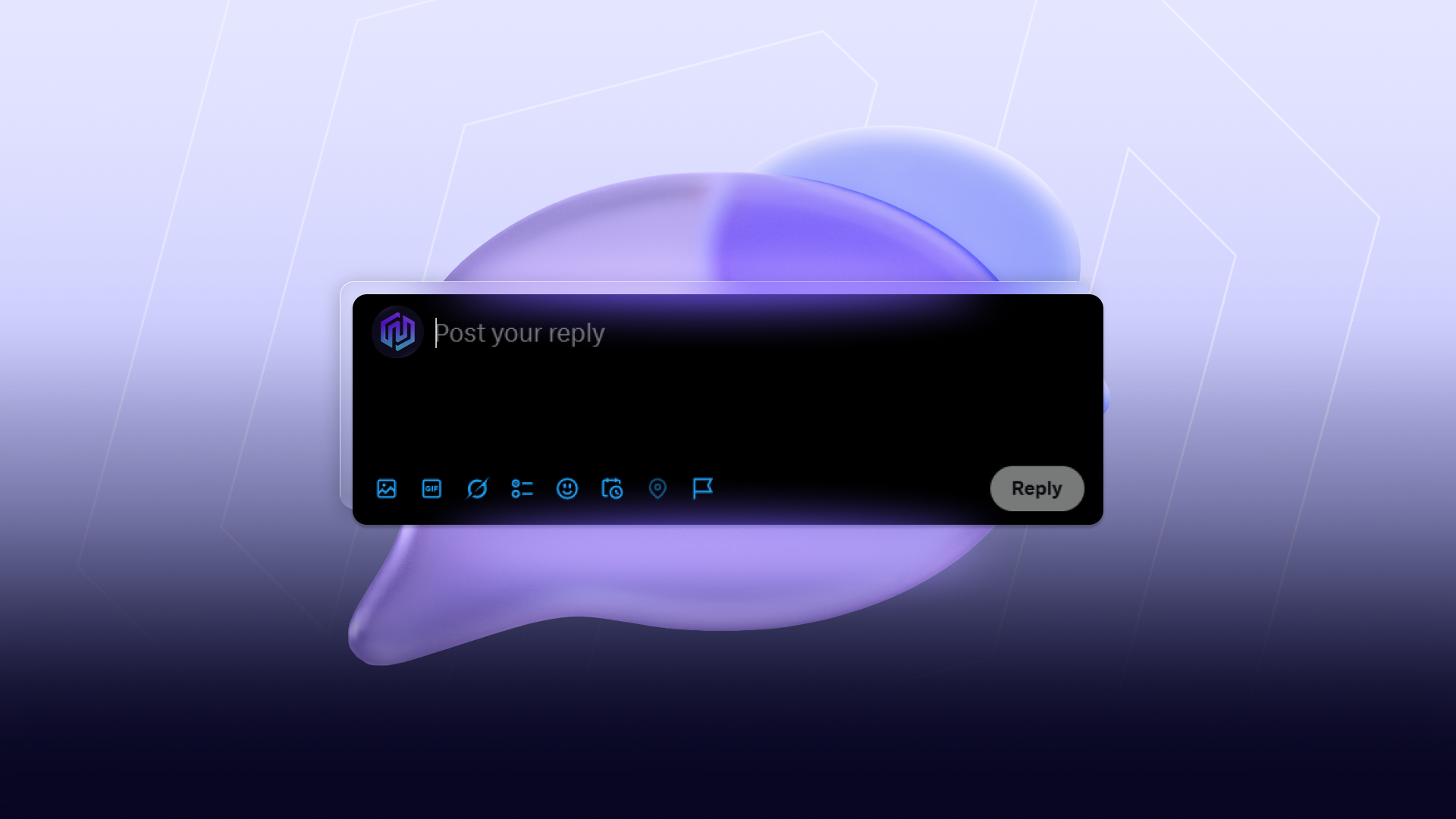 Cryptic Web3 marketing agency X reply composer UI showing "Post your reply" text field overlaid on a glossy purple 3D speech bubble, illustrating how to use Twitter replies as a crypto growth channel