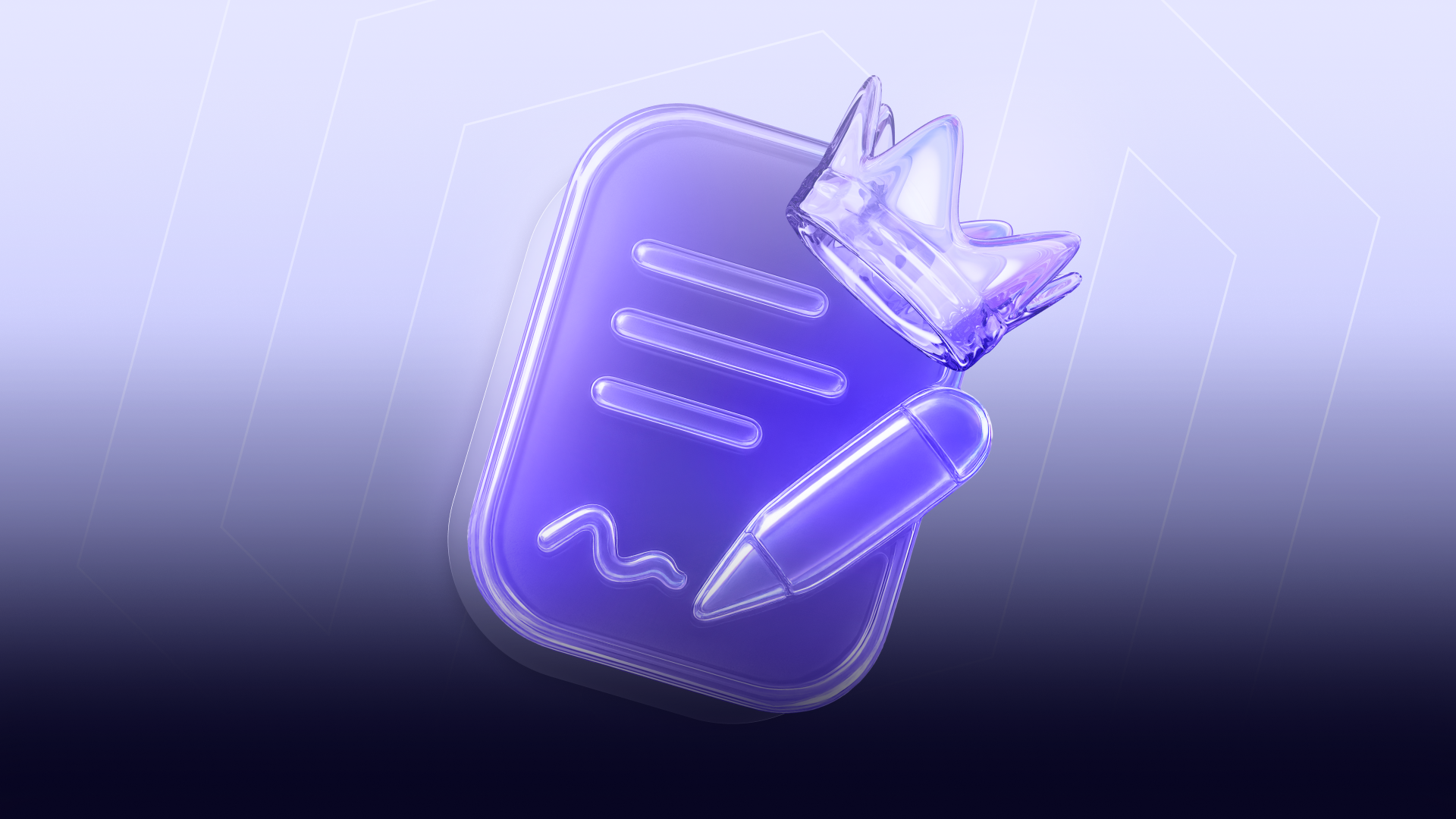 3D glossy purple document icon with a crown and pencil, representing writing for recognition and authority in Web3 content marketing