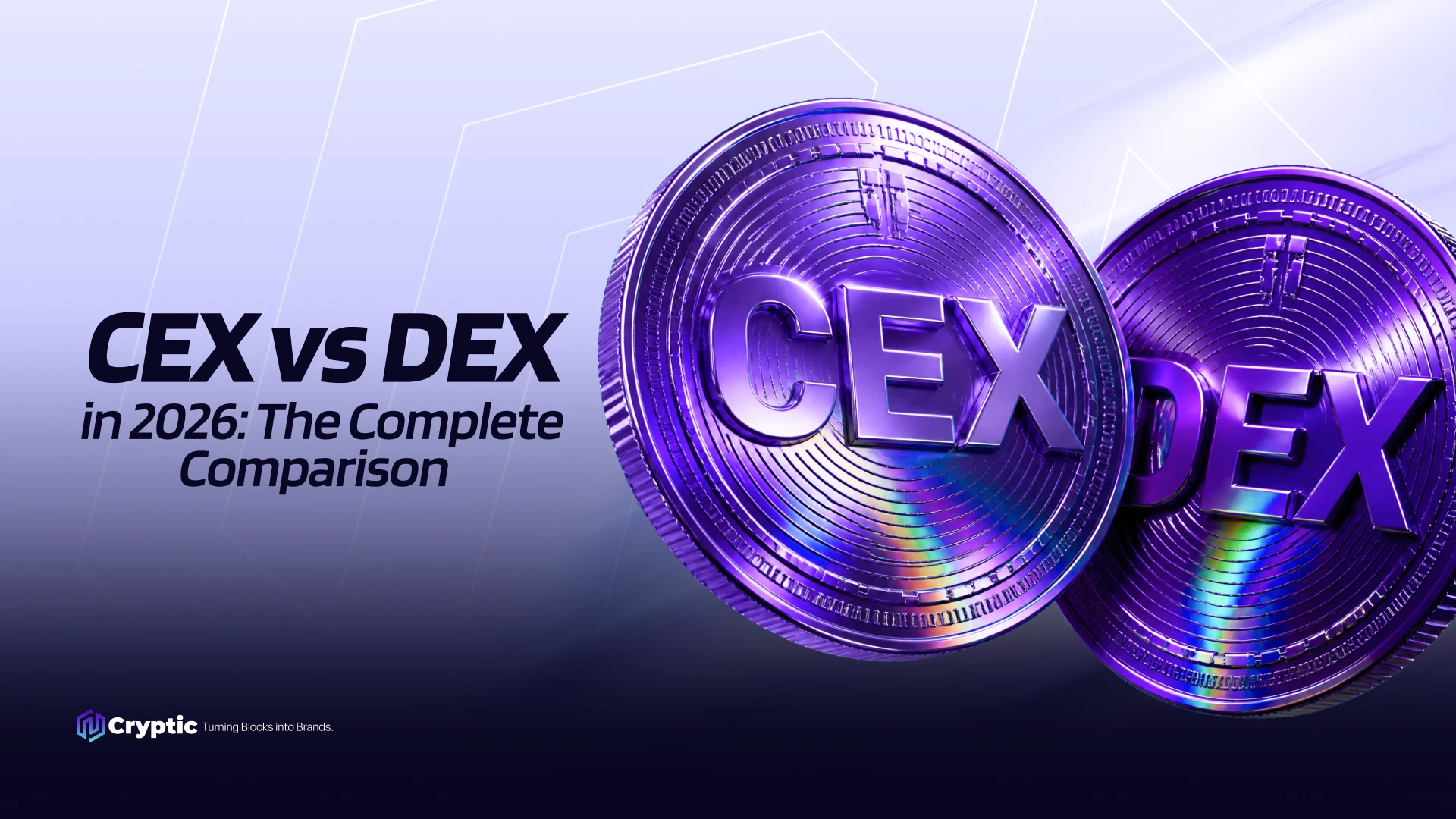 CEX vs DEX in 2026 The Complete Comparison guide cover with Cryptic branding and two purple 3D coins labeled CEX and DEX