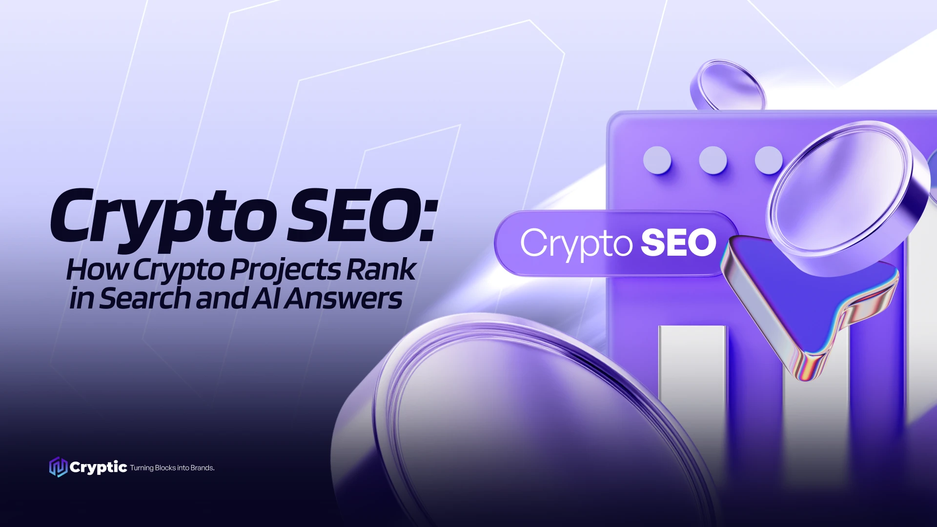 Crypto SEO guide hero graphic showing search browser, growth chart, and crypto coins with Cryptic branding