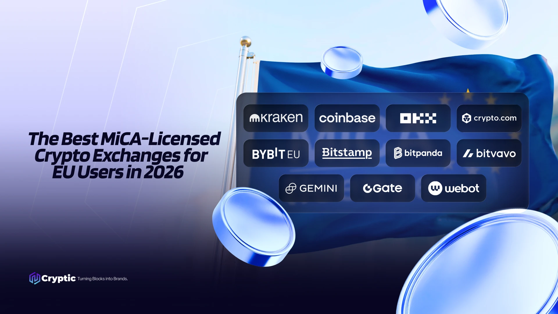 The best MiCA-licensed crypto exchanges in 2026: Kraken, Coinbase, OKX, Crypto.com, Bybit EU, Bitstamp, Bitpanda, Bitvavo, Gemini, Gate and Webot