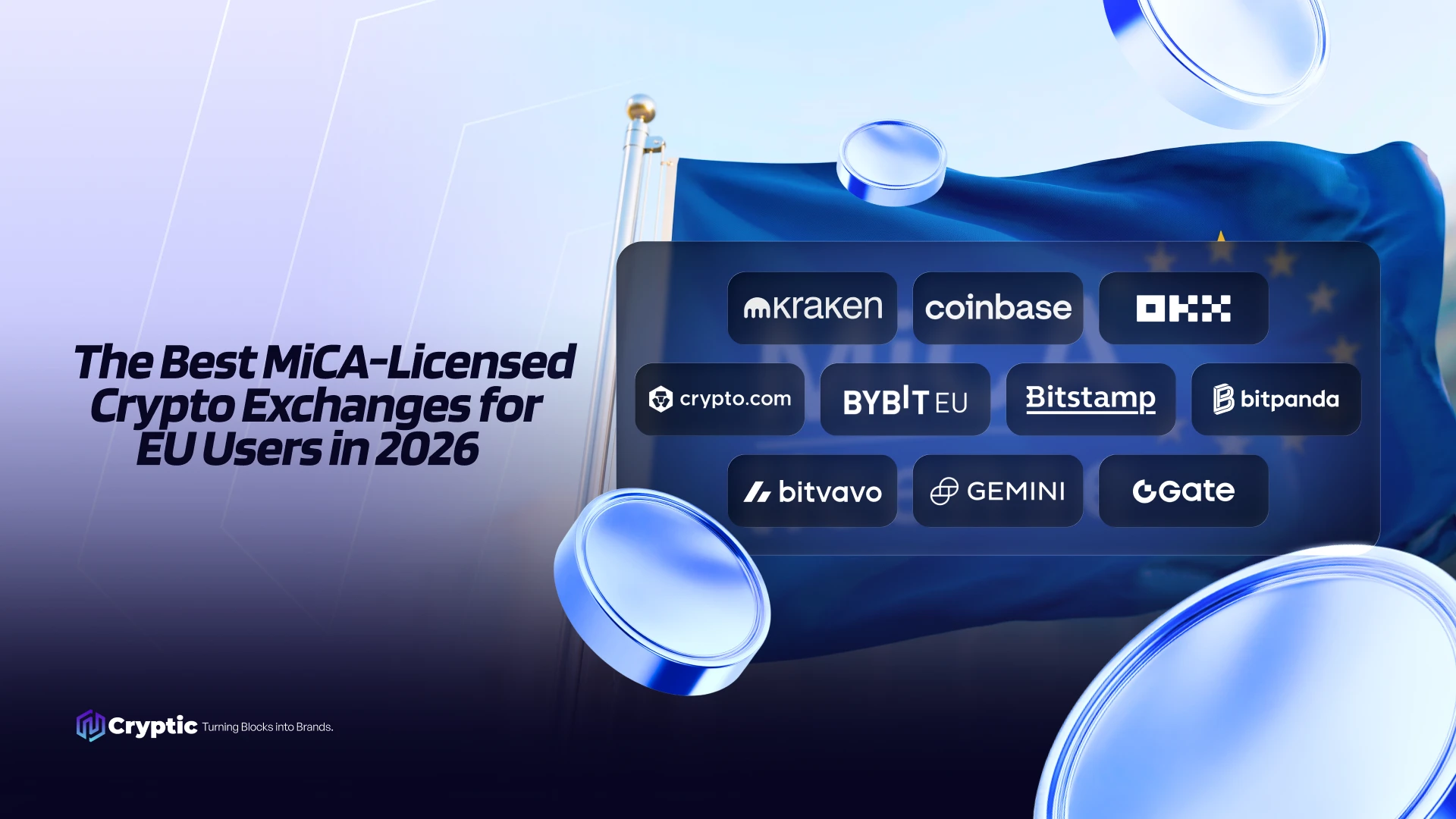 The best MiCA-licensed crypto exchanges in 2026: Kraken, Coinbase, OKX, Crypto.com, Bybit EU, Bitstamp, Bitpanda, Bitvavo, Gemini, and Gate