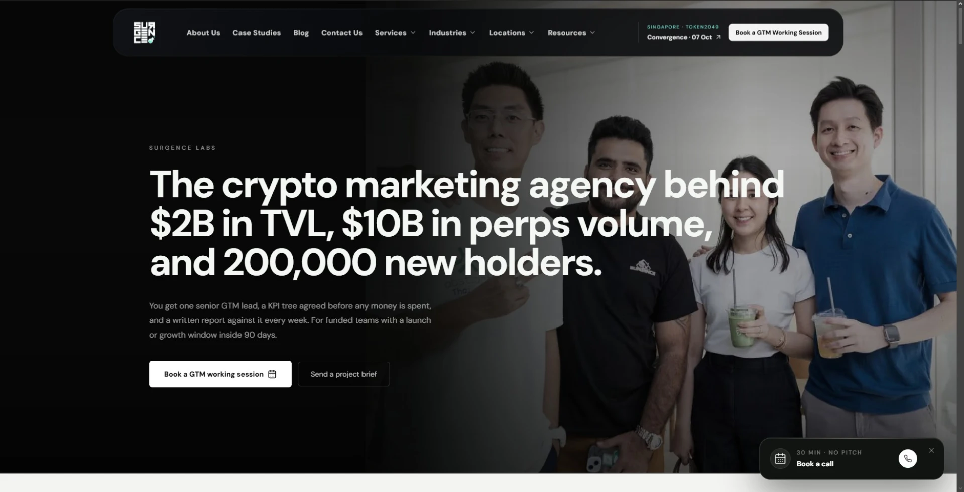 Surgence Labs website, a go-to-market agency serving DeFi protocols in Singapore and the wider SEA region