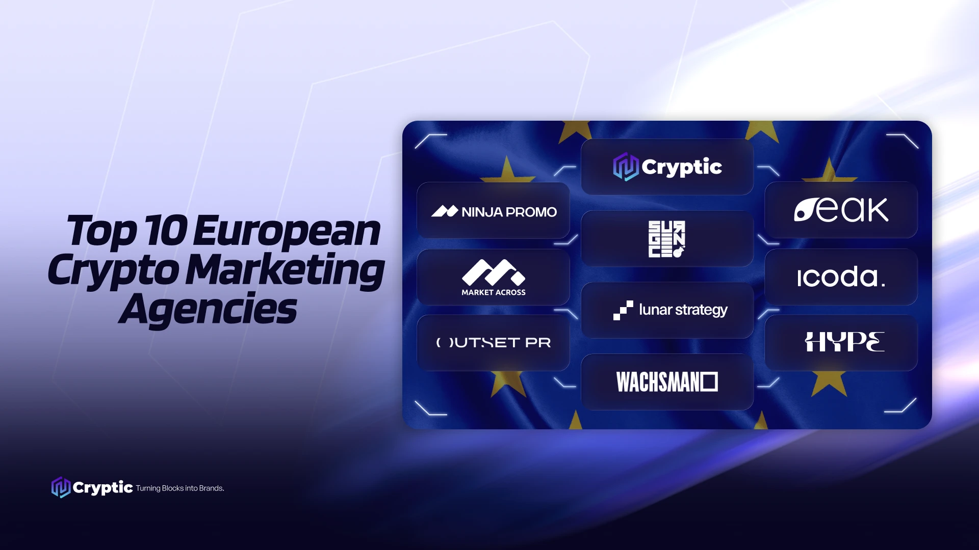 Branded graphic showing the top 10 European crypto marketing agencies in 2026, Cryptic ranked first, alongside NinjaPromo, Surgence Labs, EAK Digital, MarketAcross, ICODA, Lunar Strategy, Outset PR, Hype, and Wachsman