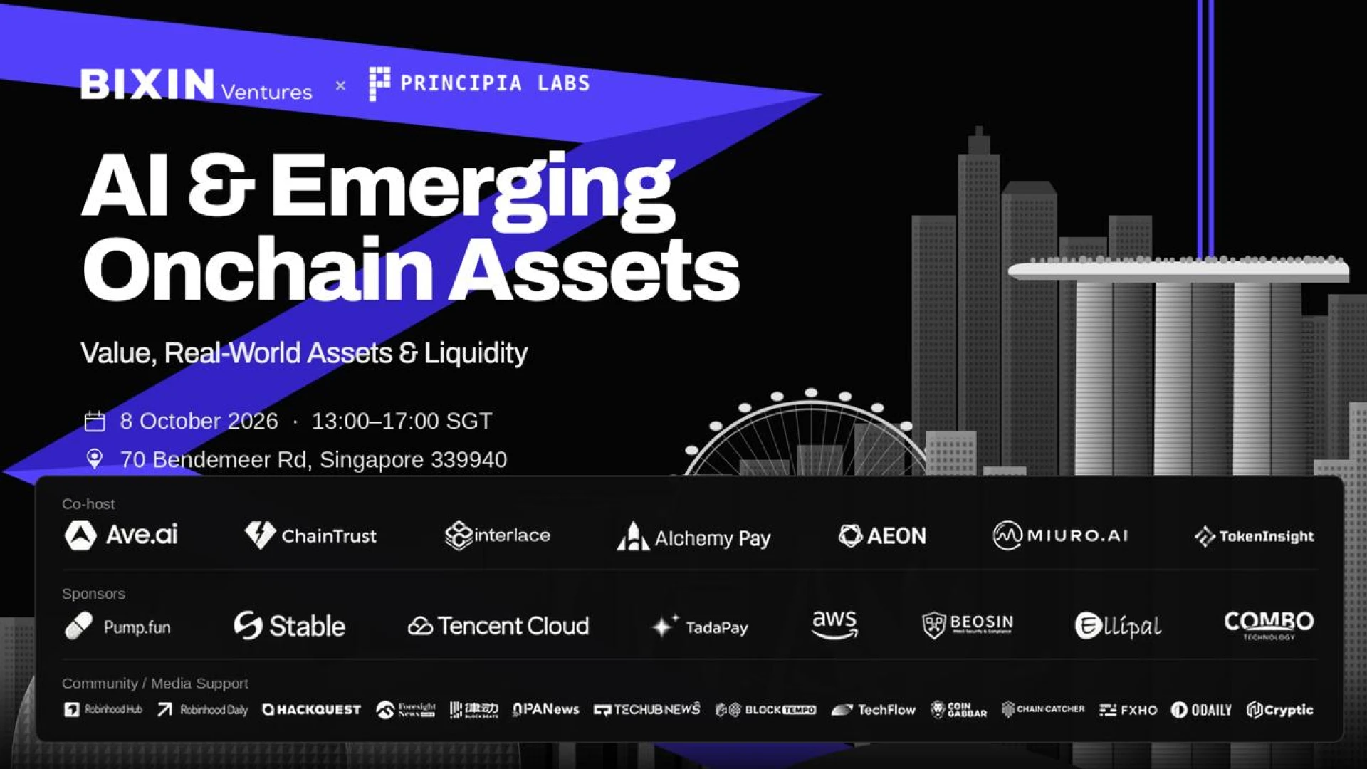 Official poster of AI & Emerging Onchain Assets with co-hosts, sponsors and media partners including Cryptic, Singapore, 8 October 2026