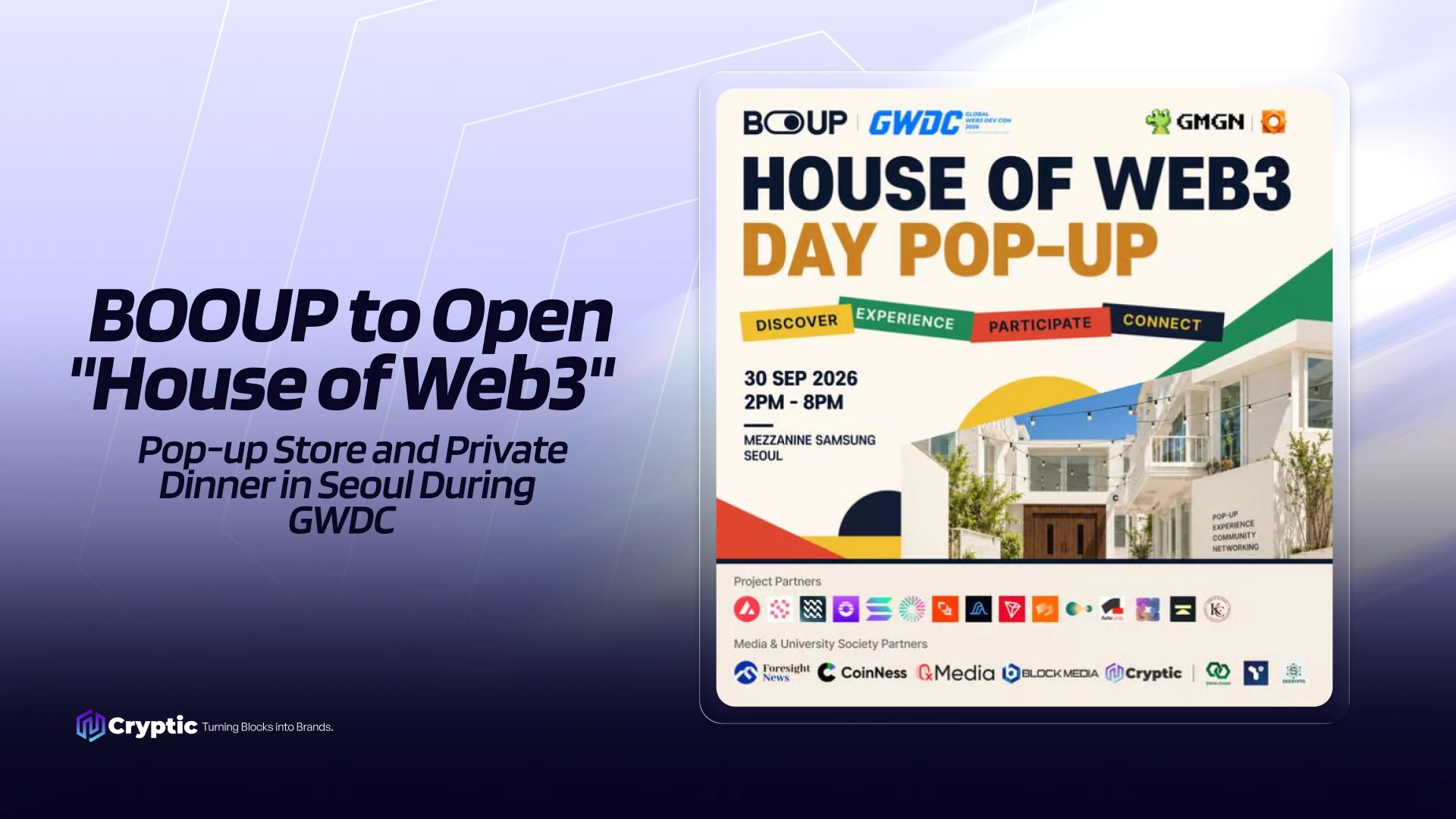 BOOUP House of Web3 Day Pop-Up flyer, September 30, 2026, 2 PM to 8 PM at Mezzanine Samsung, Seoul, during GWDC