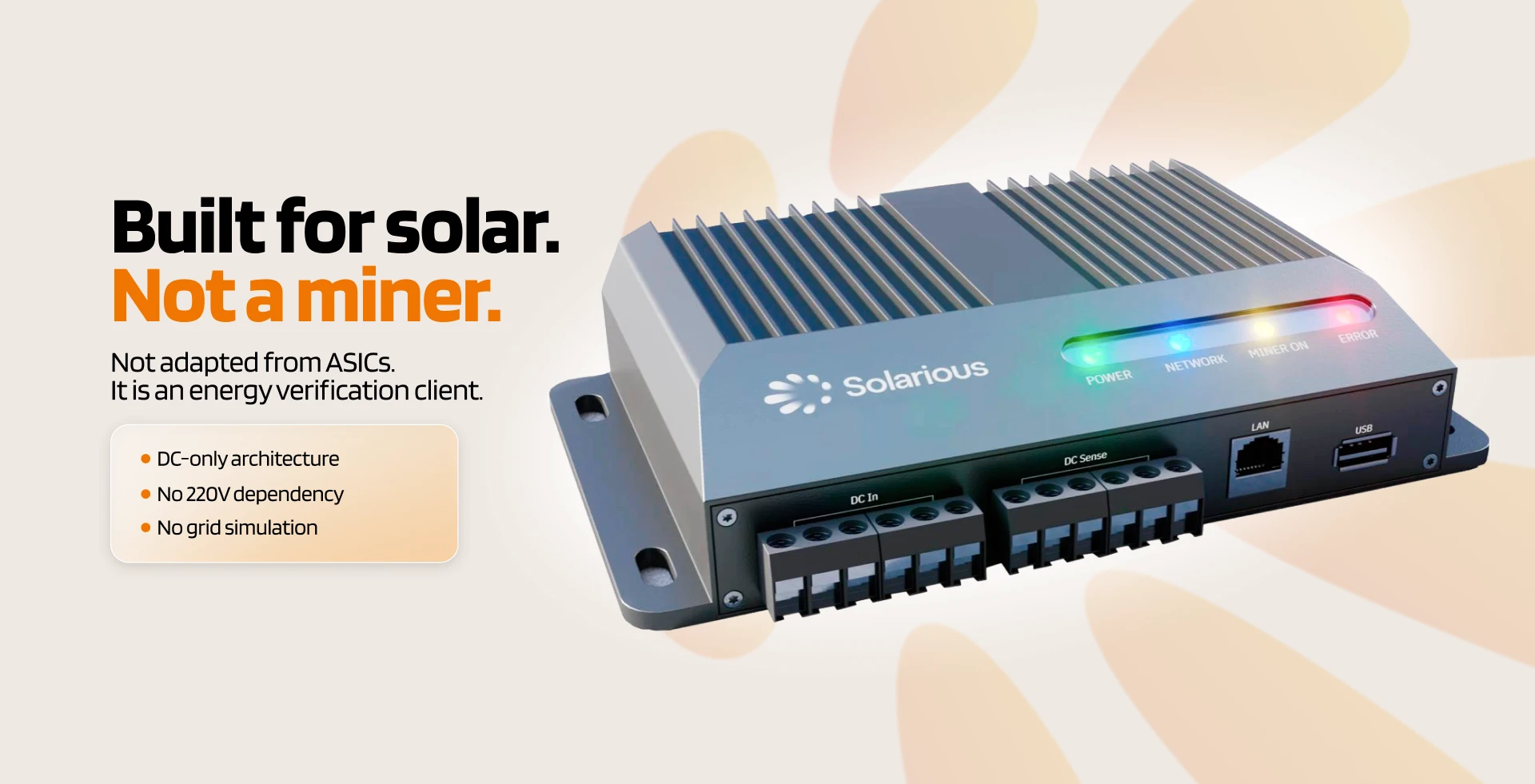Solarious Solar Miner, a DC-connected solar energy verification device built for solar, not a miner