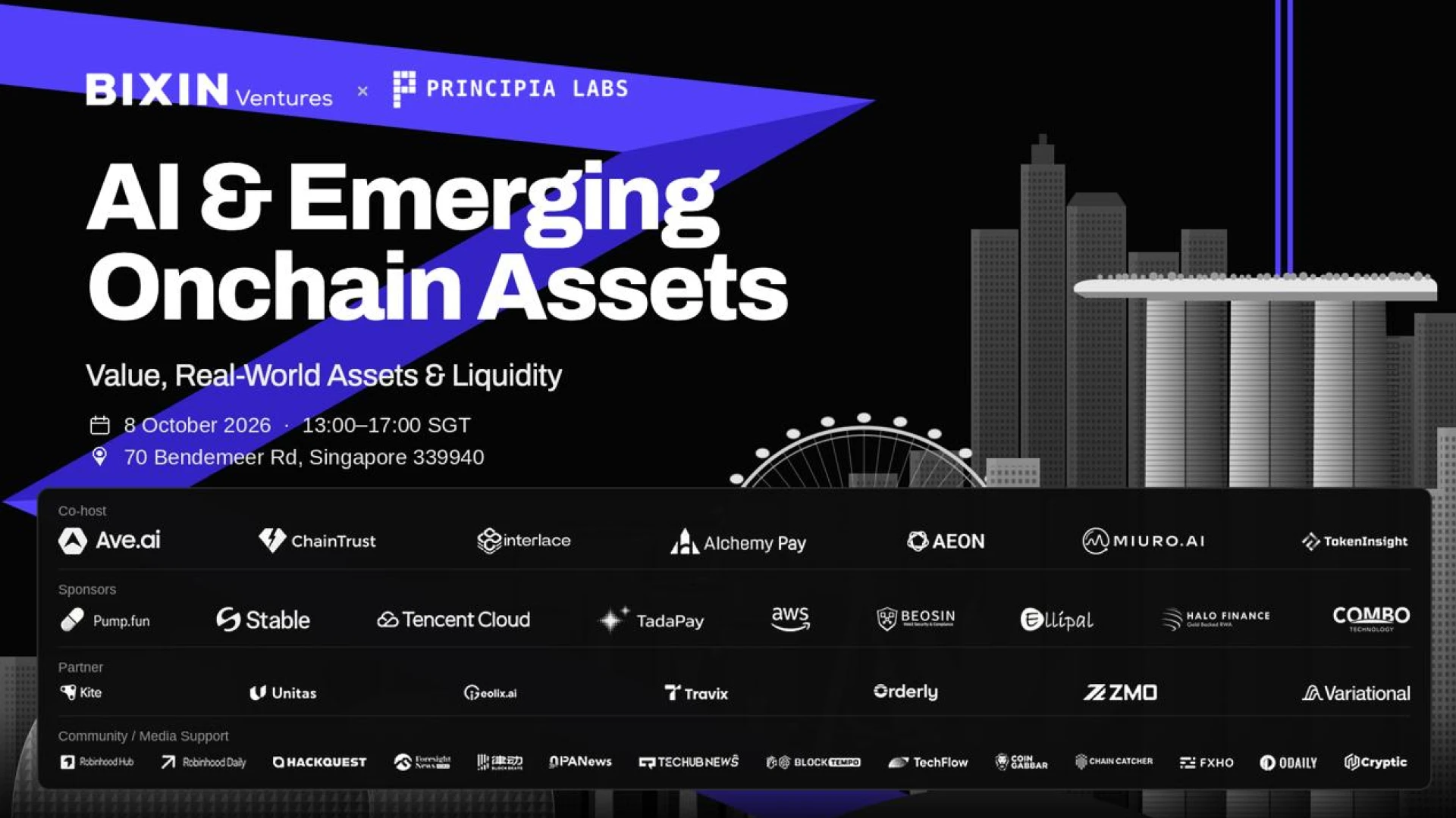 Official poster of AI & Emerging Onchain Assets with co-hosts, sponsors and media partners including Cryptic, Singapore, 8 October 2026