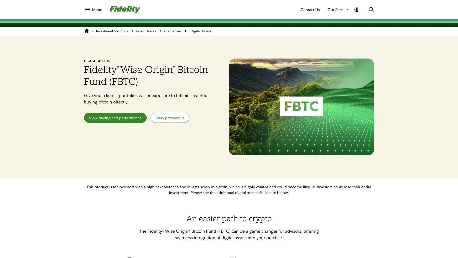 Fidelity Wise Origin Bitcoin Fund (FBTC) advisor page hero, one of the best crypto ETFs in 2026