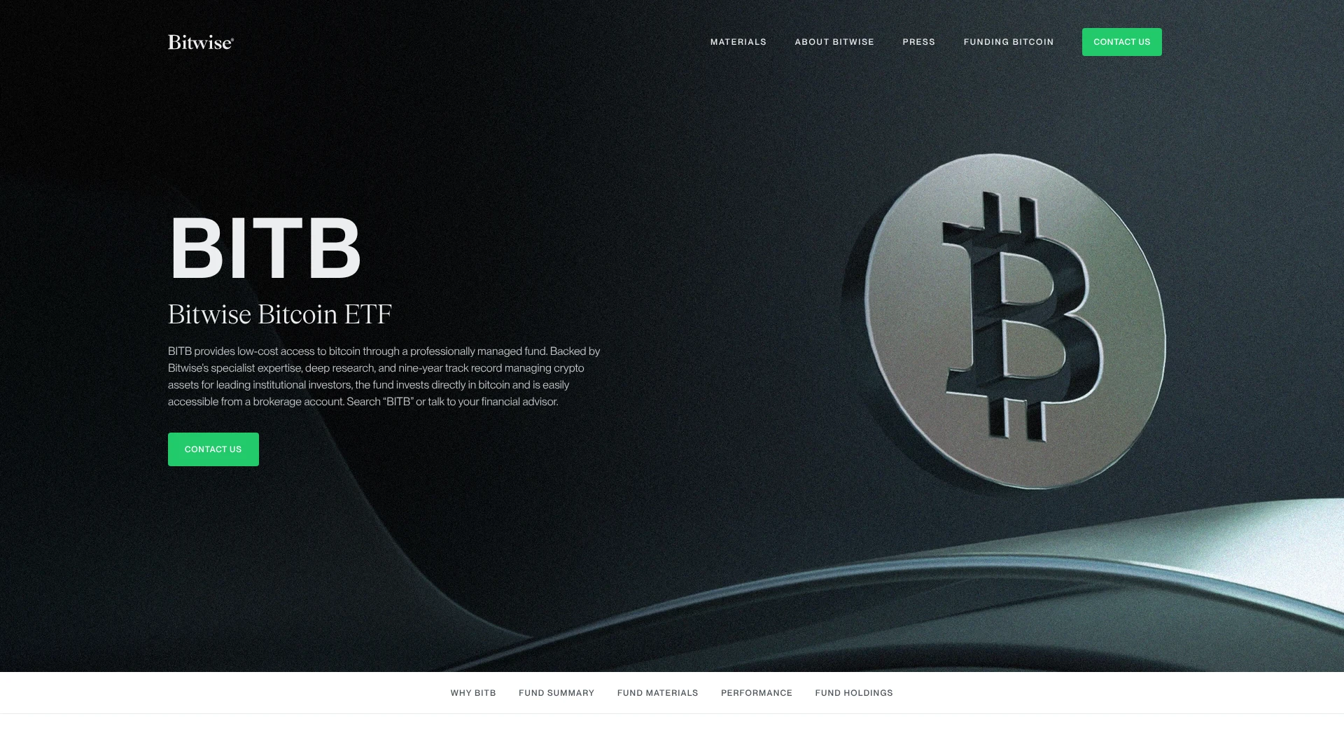 Bitwise Bitcoin ETF homepage showing BITB fund overview, one of the best crypto ETFs in 2026