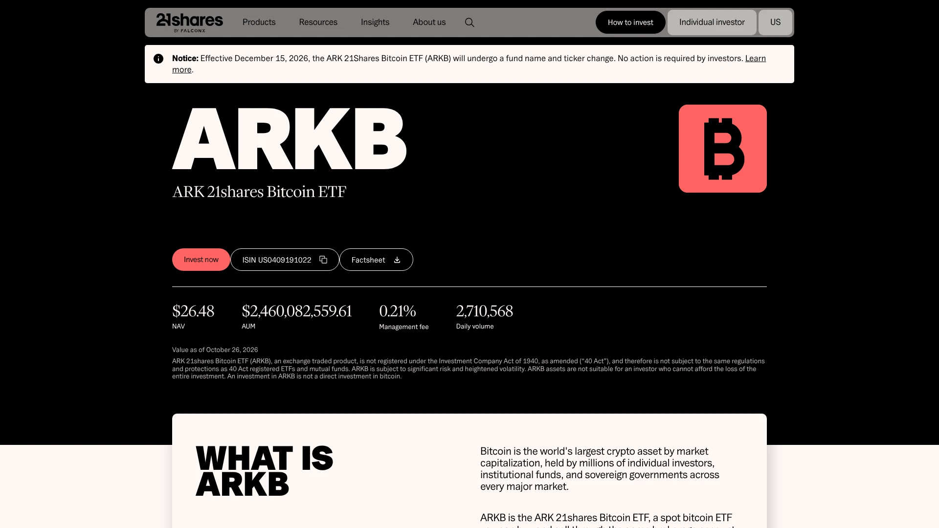ARK 21Shares Bitcoin ETF page showing ARKB NAV, AUM and management fee, one of the best crypto ETFs in 2026