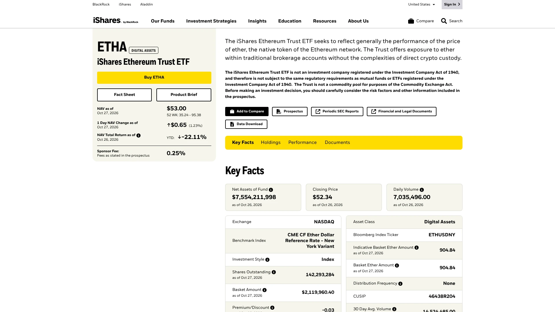 iShares Ethereum Trust ETF page showing ETHA NAV, sponsor fee and key facts, one of the best crypto ETFs in 2026