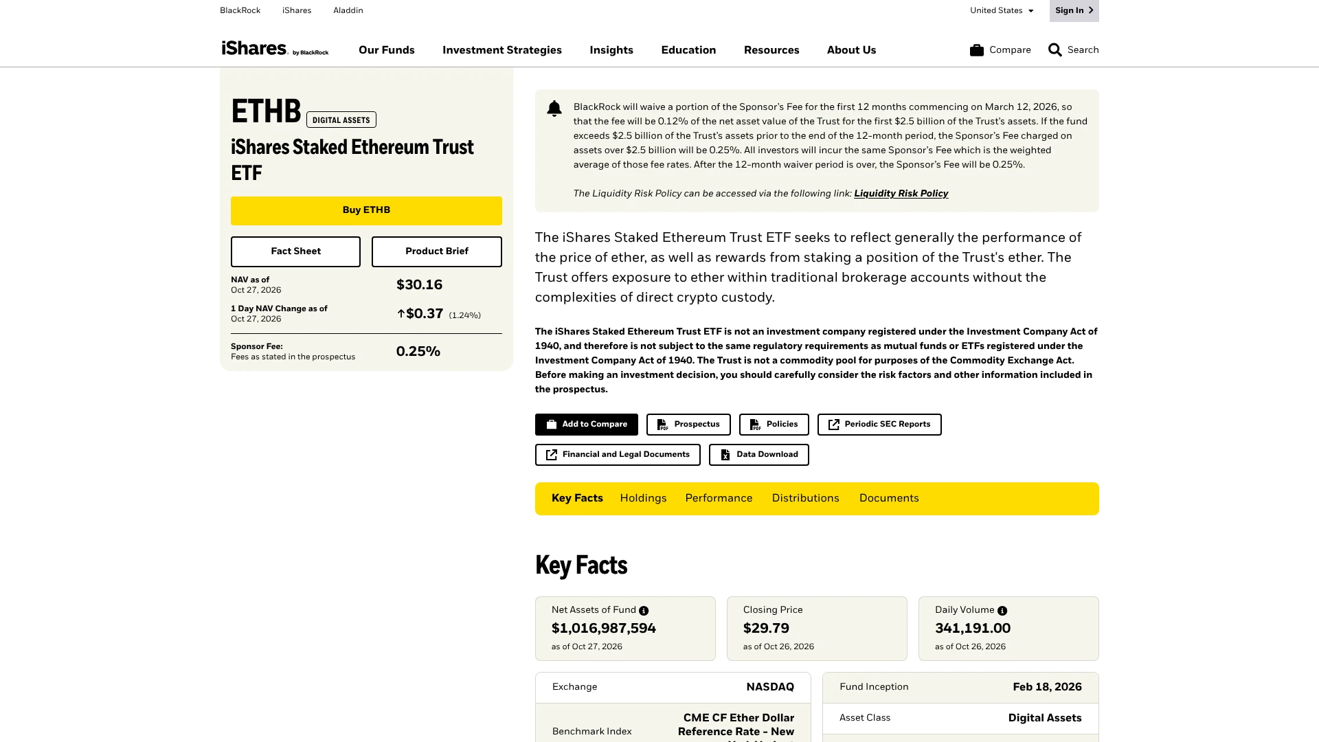 iShares Staked Ethereum Trust ETF page with ETHB NAV and fee waiver notice, one of the best crypto ETFs in 2026
