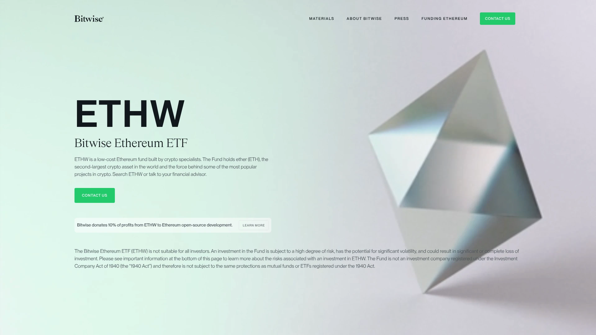 Bitwise Ethereum ETF homepage showing ETHW fund overview, one of the best crypto ETFs in 2026