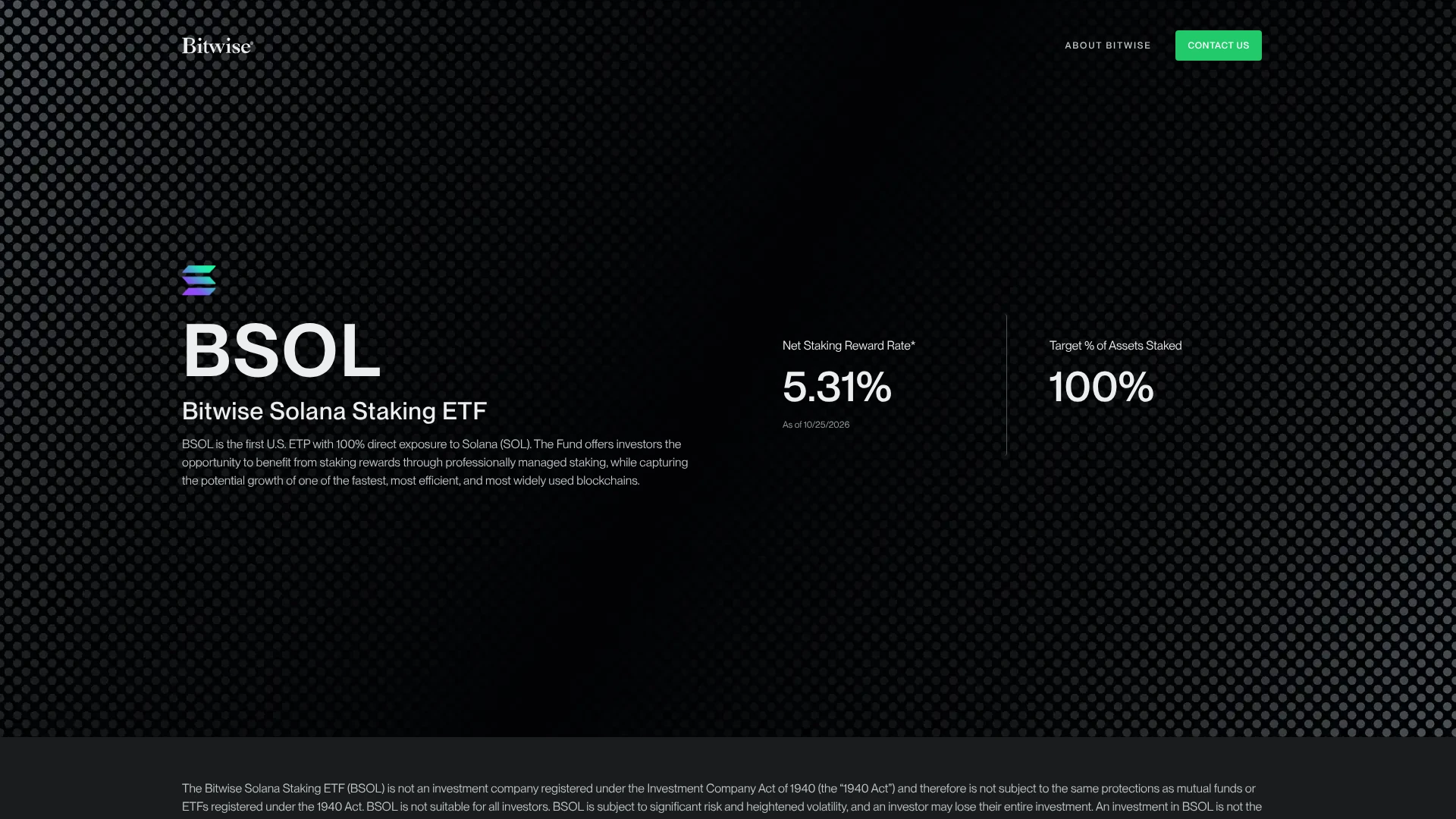 Bitwise Solana Staking ETF page showing BSOL net staking reward rate, one of the best crypto ETFs in 2026