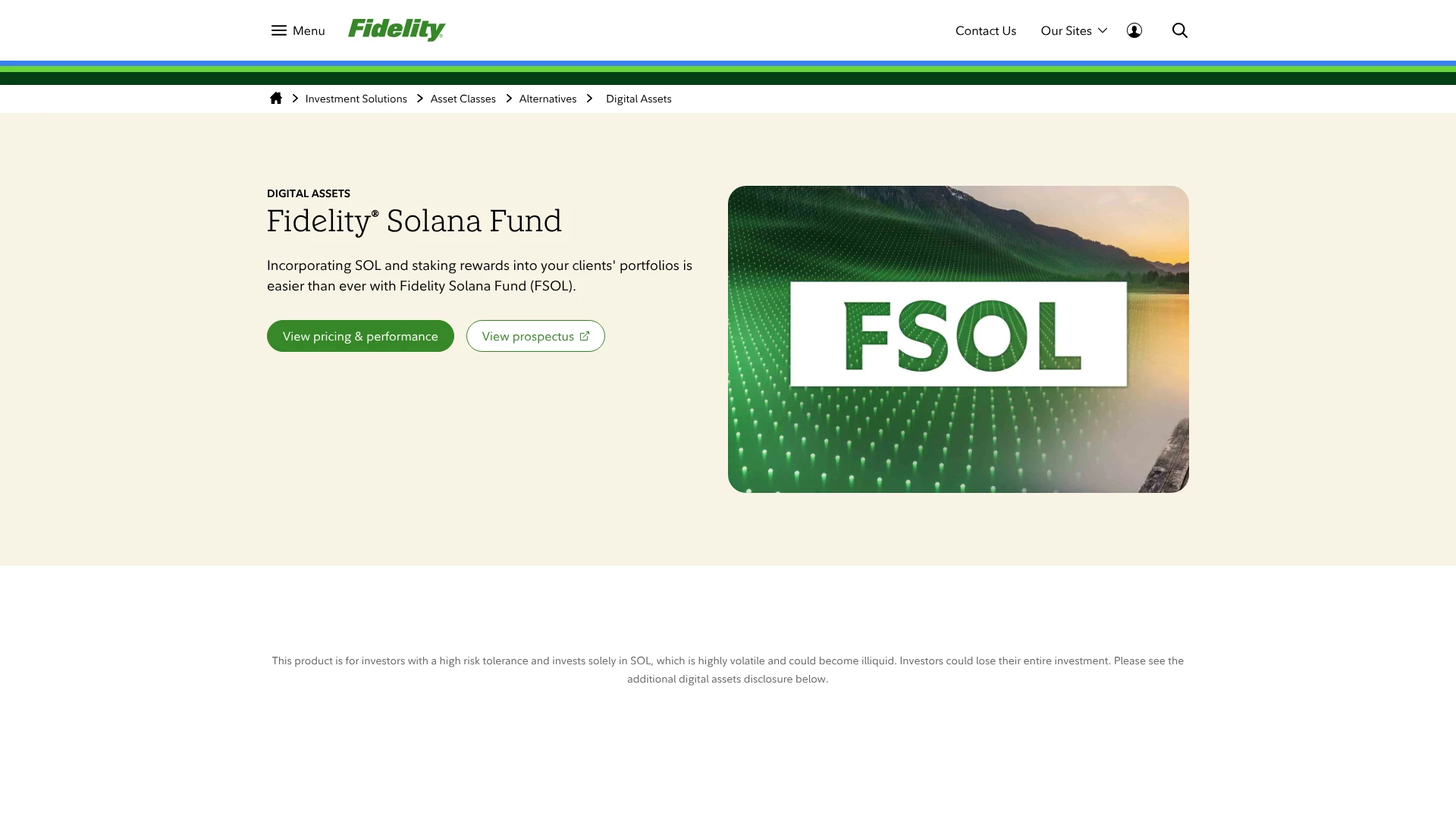 Fidelity Solana Fund (FSOL) advisor page hero, one of the best crypto ETFs in 2026