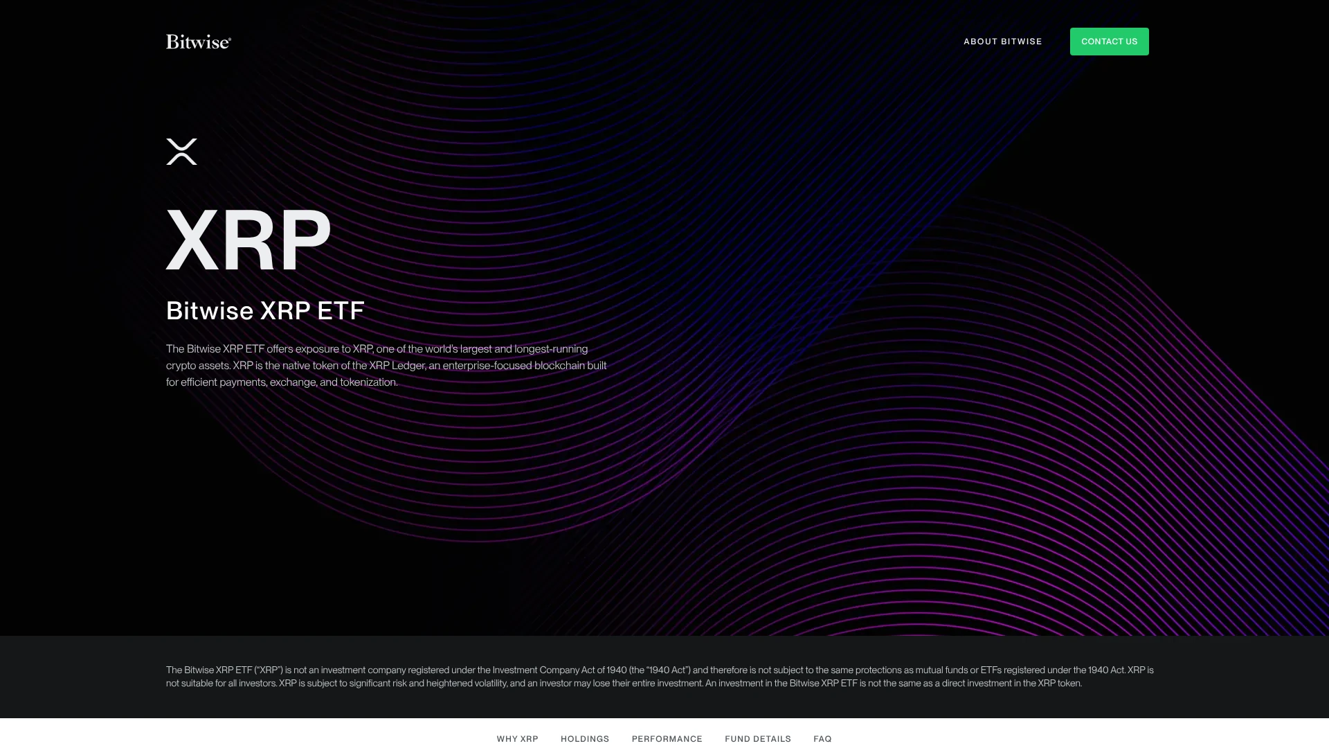 Bitwise XRP ETF homepage showing XRP fund overview, one of the best crypto ETFs in 2026