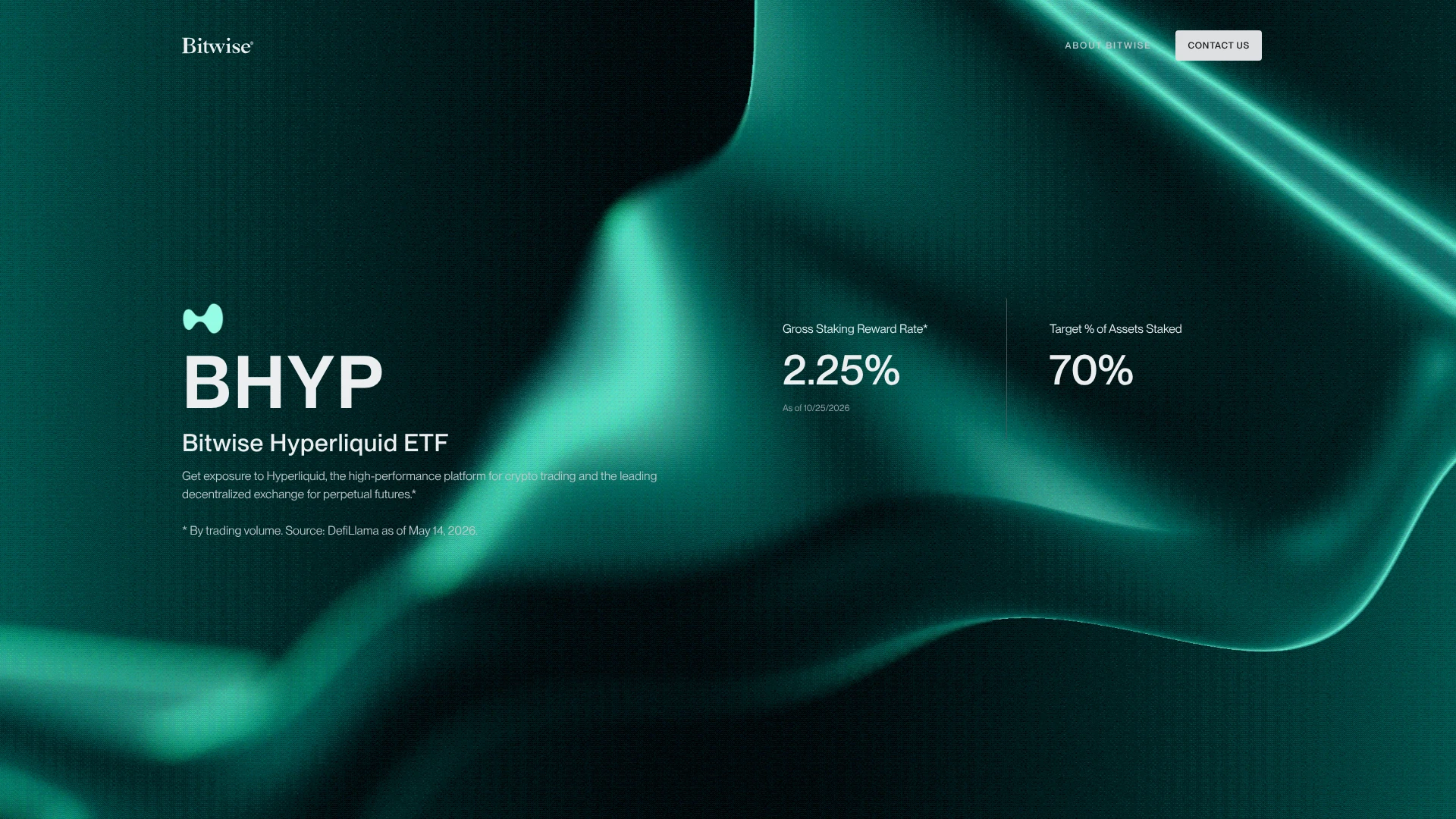 Bitwise Hyperliquid ETF page showing BHYP staking reward rate, one of the best crypto ETFs in 2026