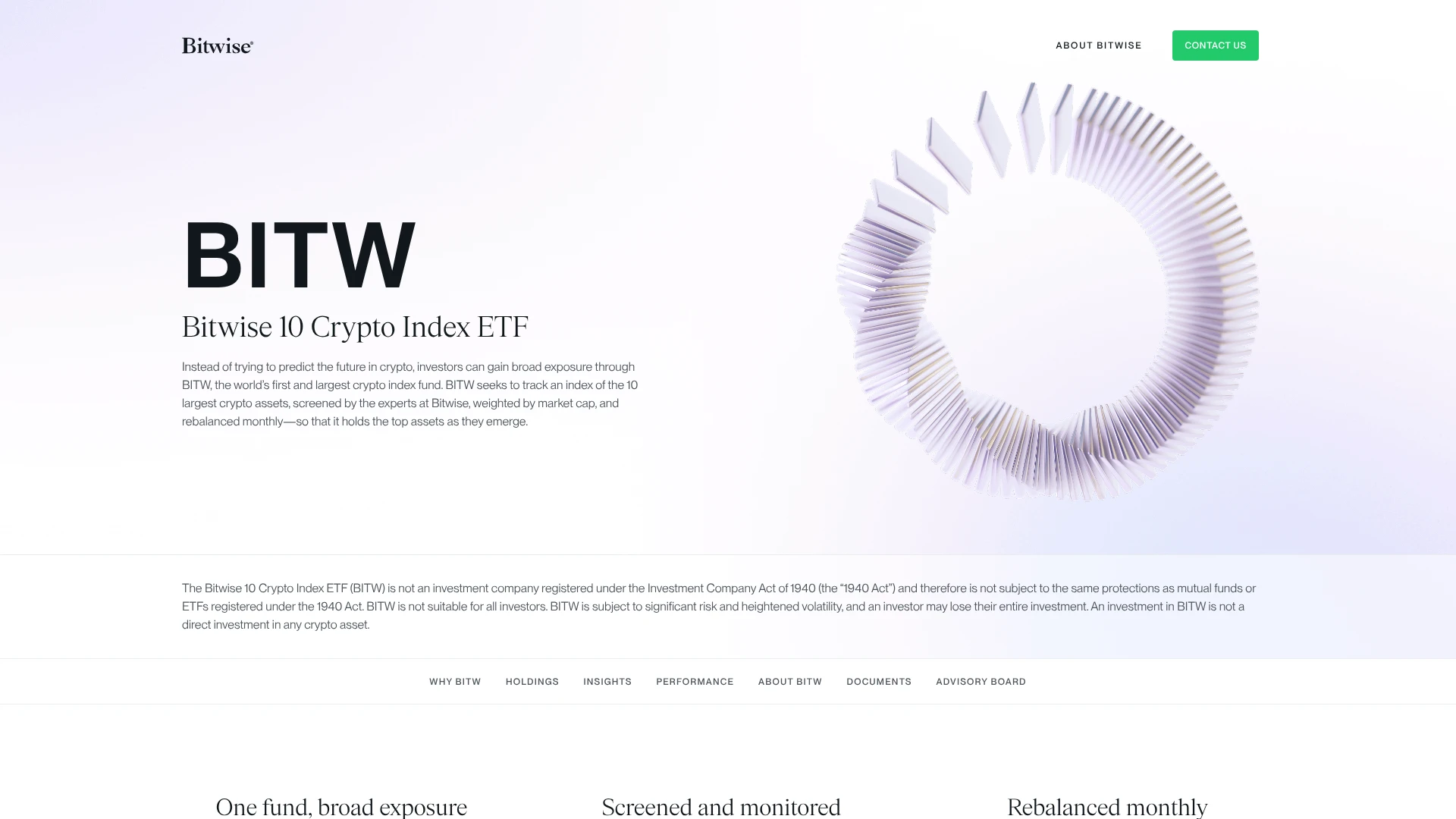 Bitwise 10 Crypto Index ETF homepage showing BITW fund overview, one of the best crypto ETFs in 2026