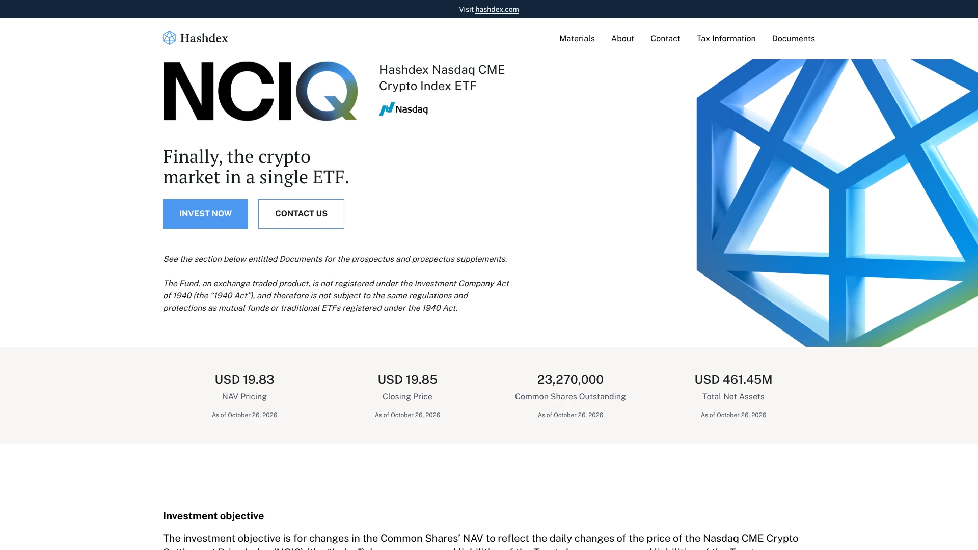 Hashdex Nasdaq CME Crypto Index ETF page showing NCIQ NAV and net assets, one of the best crypto ETFs in 2026