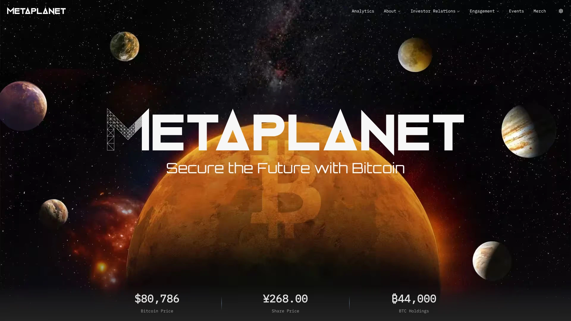 Metaplanet homepage showing Bitcoin price, share price and BTC holdings, one of the bitcoin treasury companies