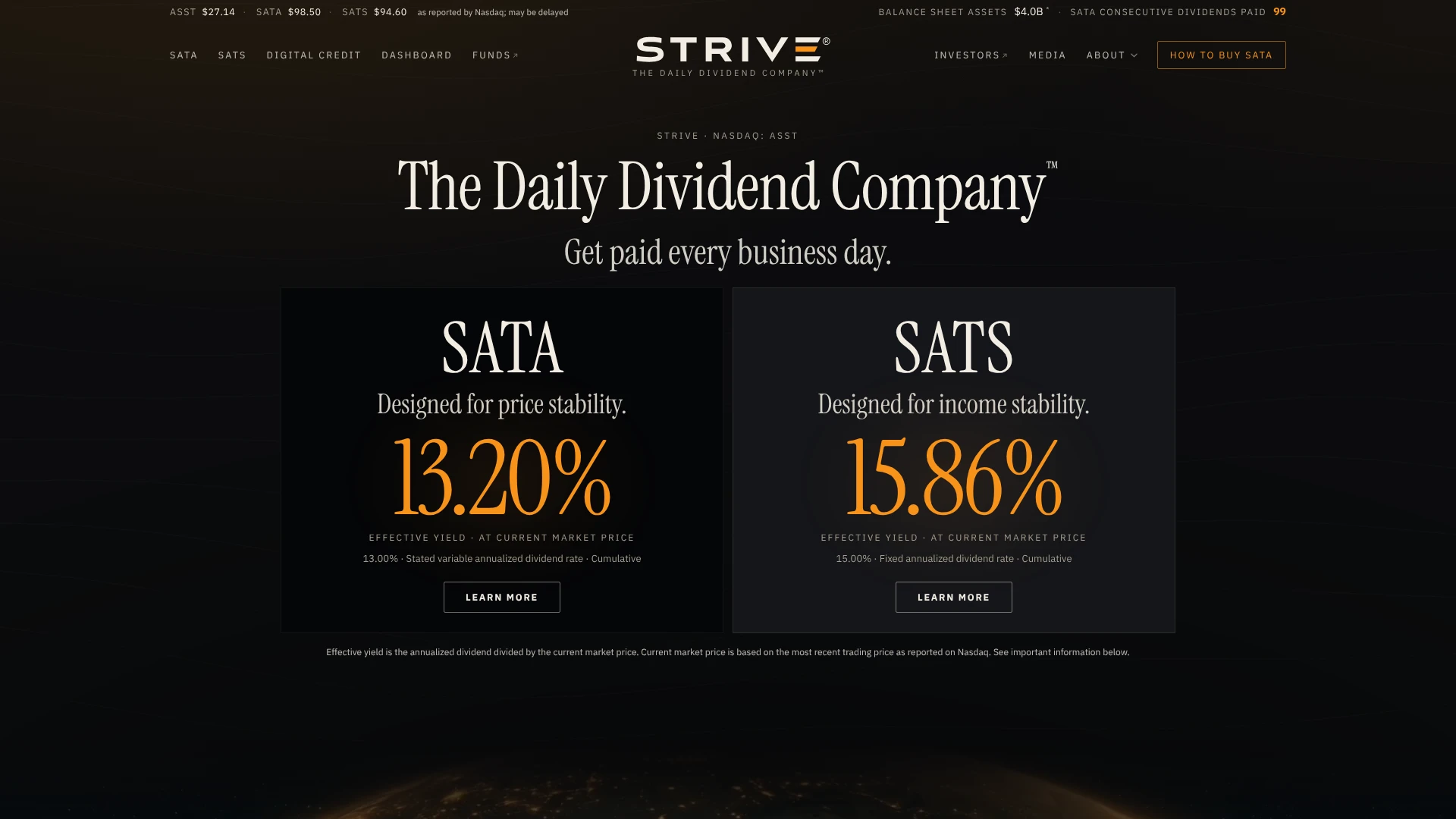 Strive homepage, The Daily Dividend Company, with SATA and SATS yields, one of the bitcoin treasury companies