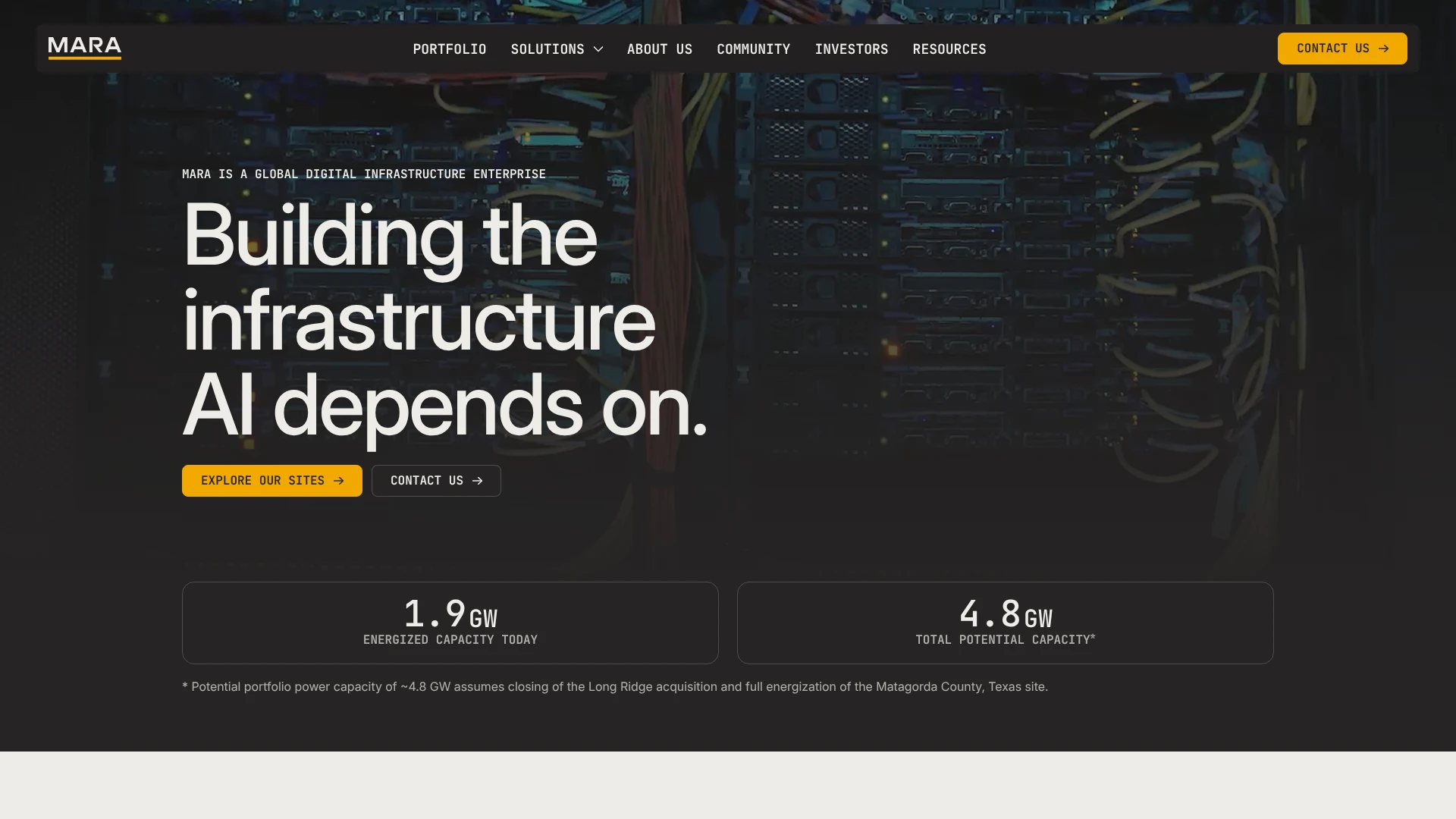 MARA homepage, Building the infrastructure AI depends on, with GW capacity, one of the bitcoin treasury companies