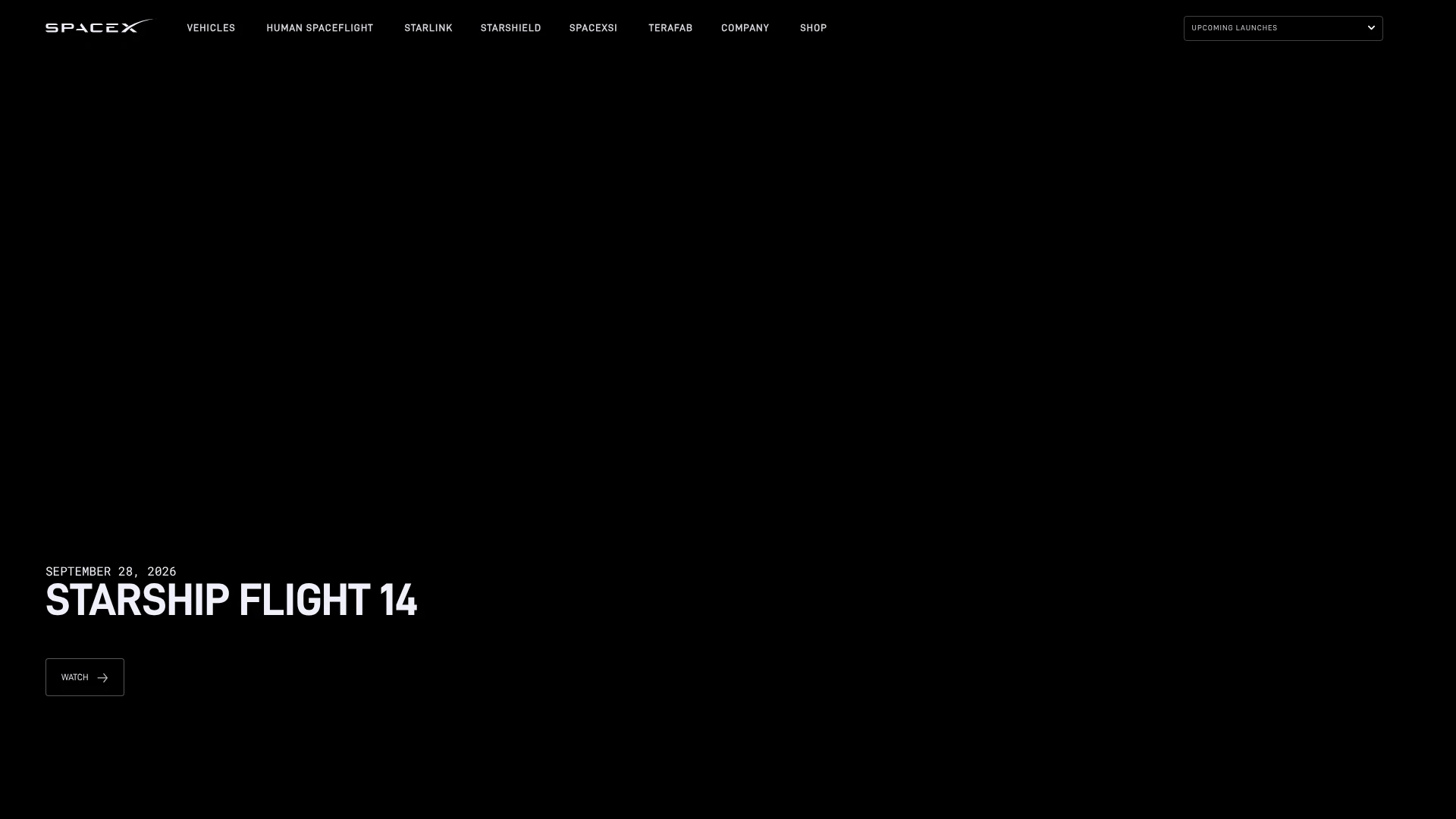 SpaceX homepage with Starship Flight 14 title on a dark hero, one of the bitcoin treasury companies