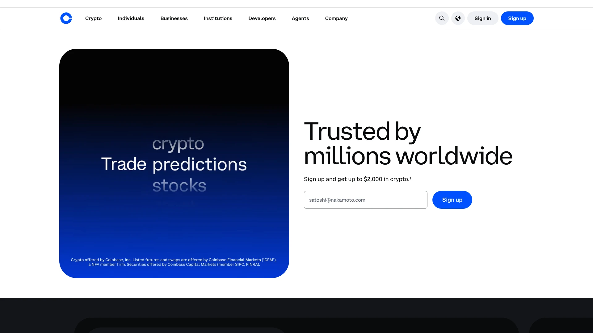 Coinbase homepage, Trusted by millions worldwide, with sign up form, one of the bitcoin treasury companies