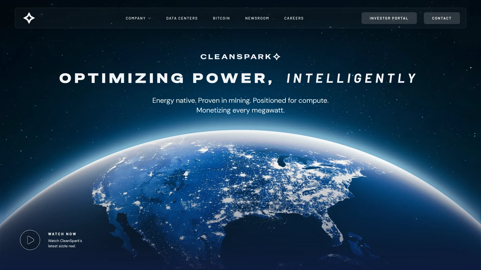 CleanSpark homepage, Optimizing power, intelligently, over an Earth view, one of the bitcoin treasury companies