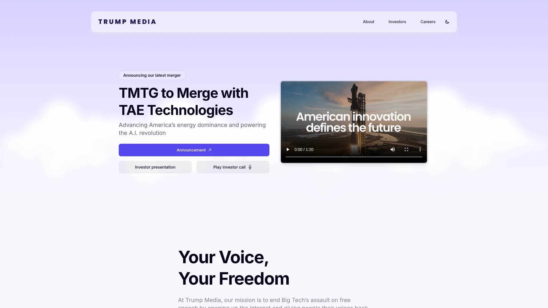 Trump Media homepage announcing TMTG merger with TAE Technologies, one of the bitcoin treasury companies
