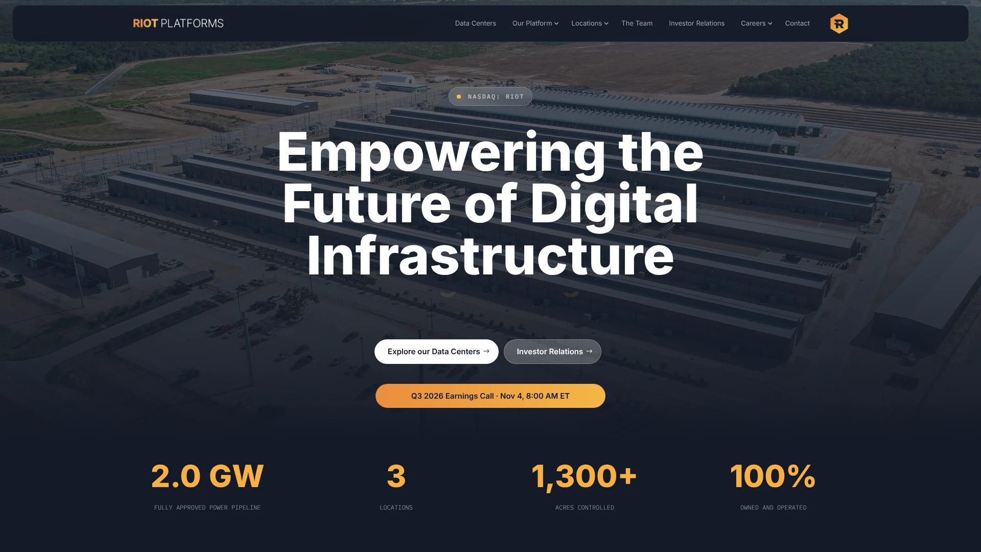 Riot Platforms homepage, Empowering the Future of Digital Infrastructure, one of the bitcoin treasury companies