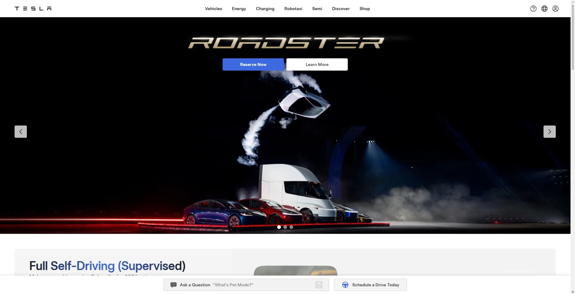 Tesla homepage with the Roadster, Semi and Model lineup, one of the bitcoin treasury companies