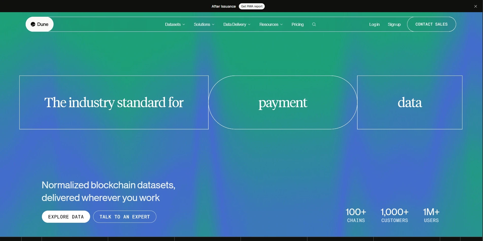 Dune homepage for custom on-chain SQL queries and analytics dashboards