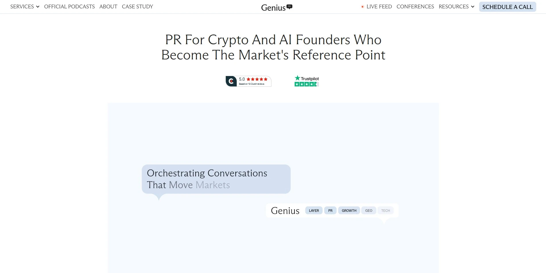 Genius PR crypto PR agency homepage