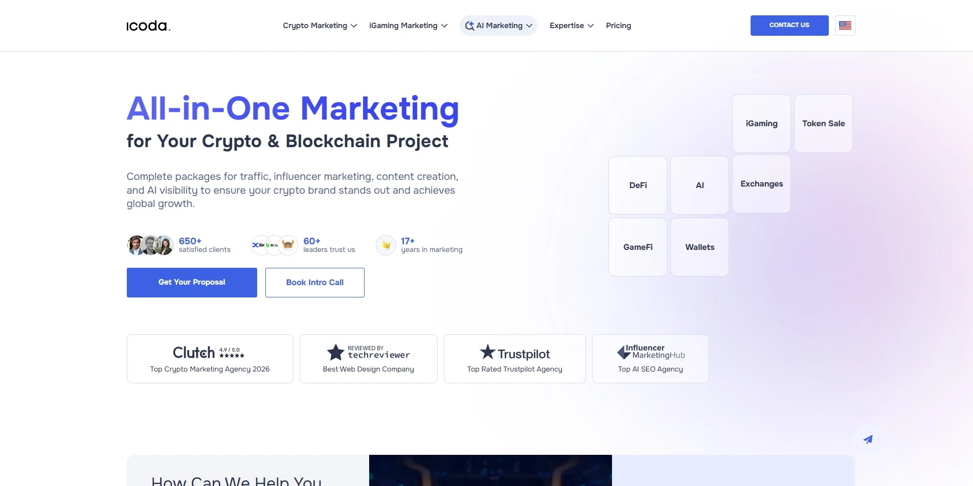 ICODA crypto marketing agency homepage with Korean KOL campaigns