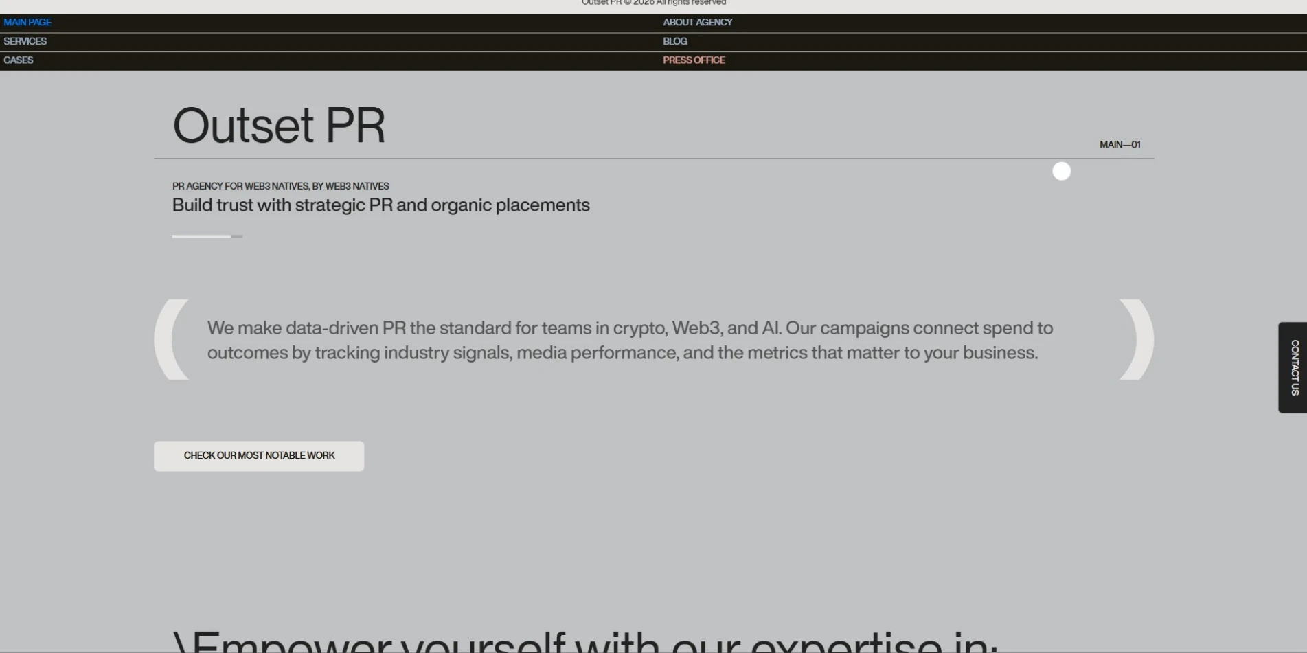 Outset PR data driven crypto PR agency homepage