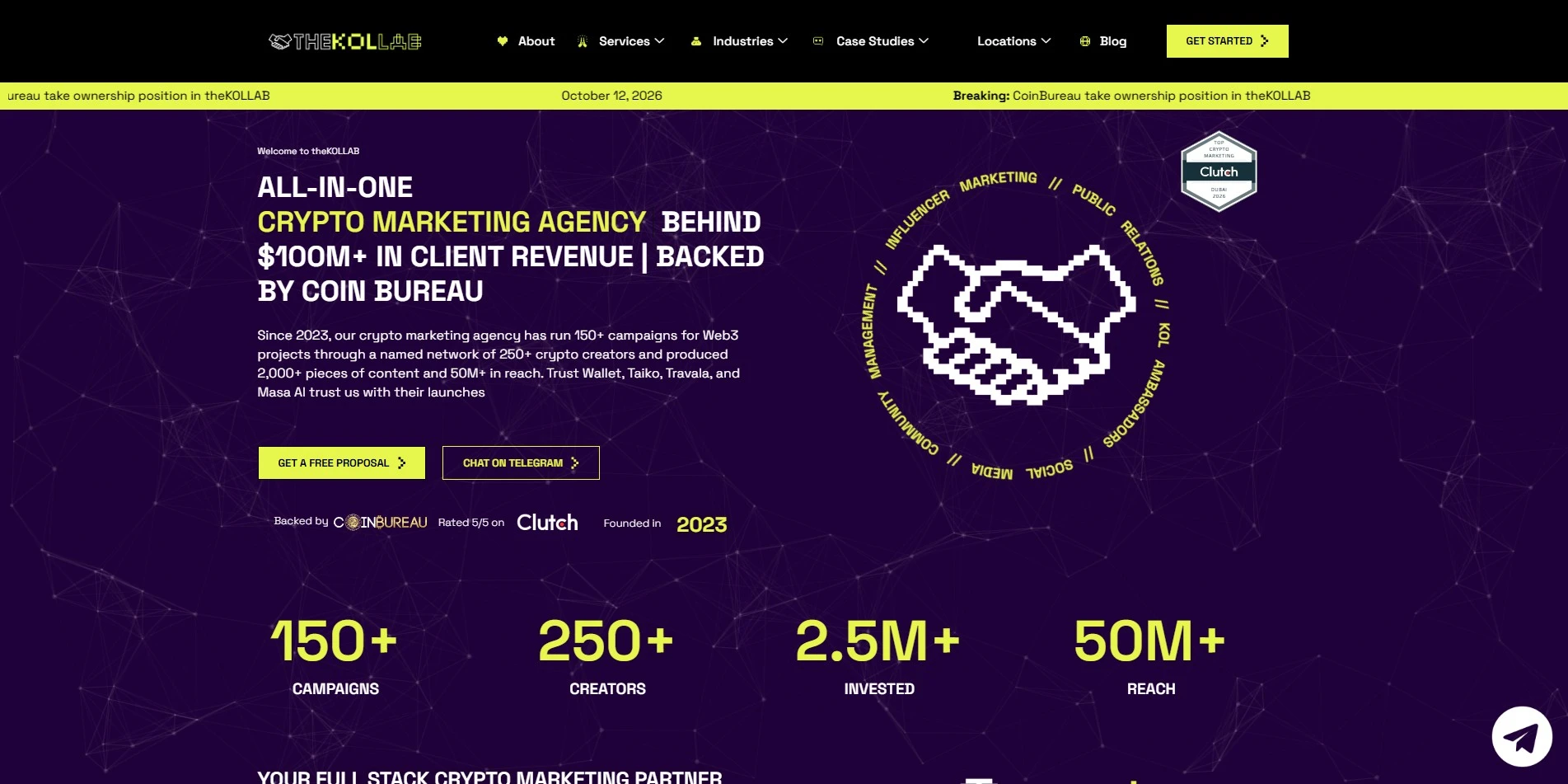 theKOLLAB crypto KOL agency homepage backed by Coin Bureau